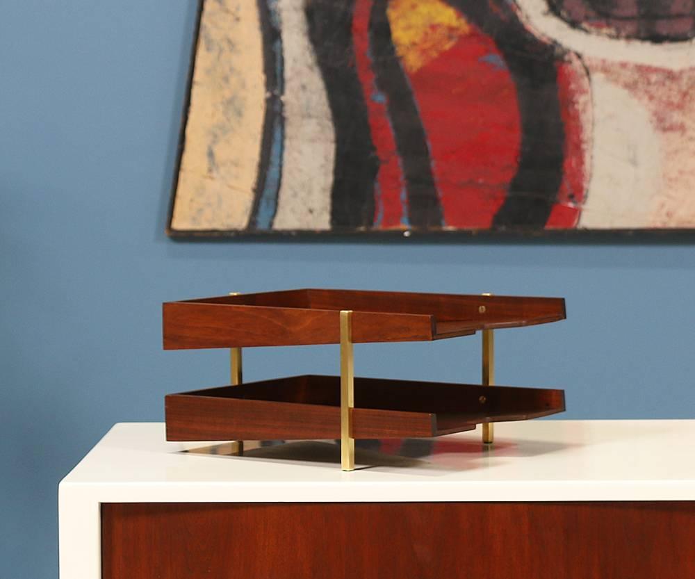 Mid-Century Modern Midcentury Walnut and Brass Paper Tray Holder