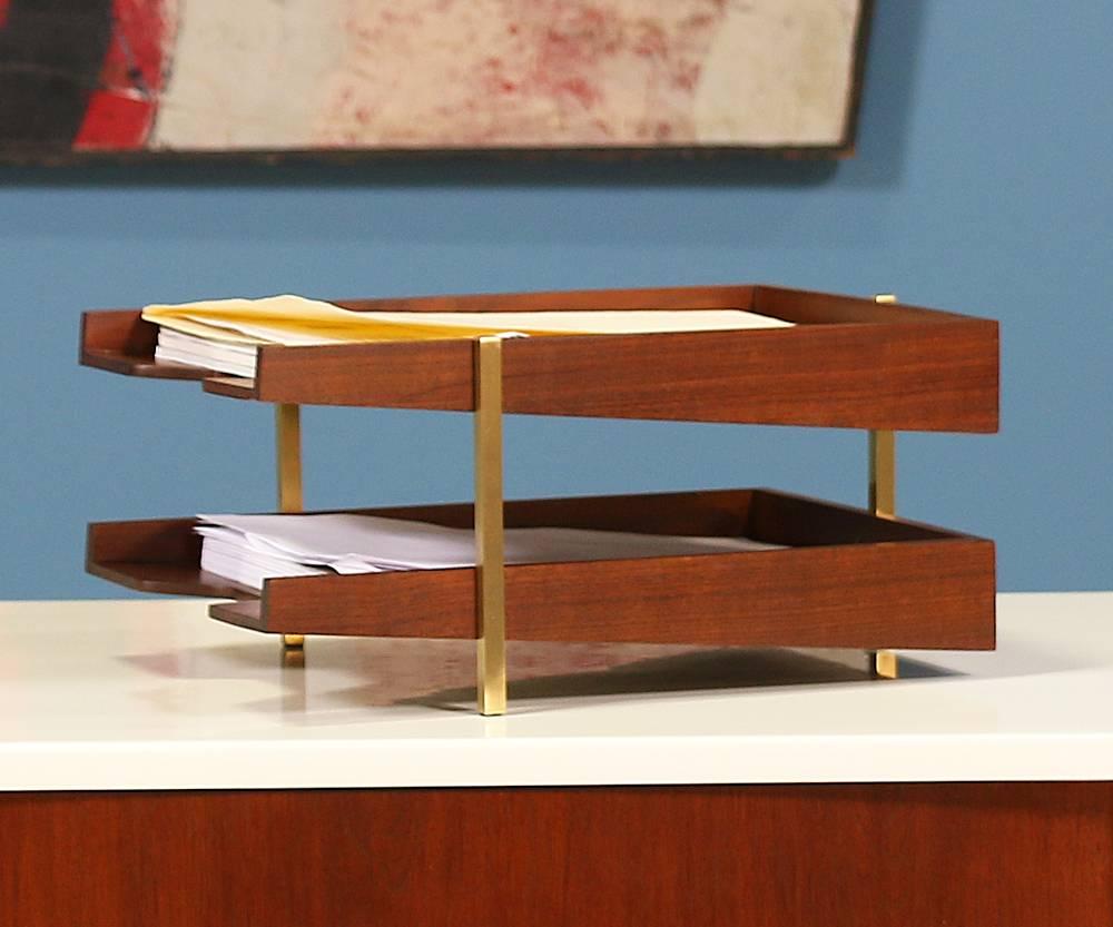 American Midcentury Walnut and Brass Paper Tray Holder