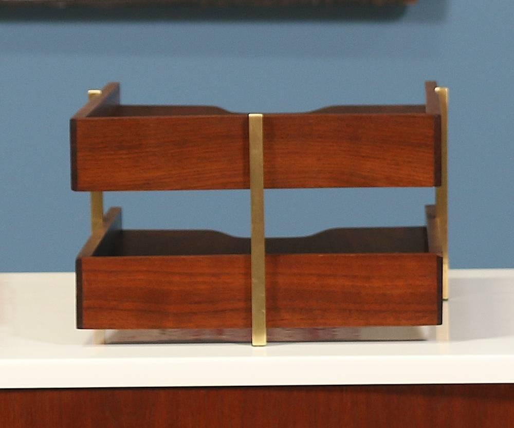 Midcentury Walnut and Brass Paper Tray Holder In Excellent Condition In Los Angeles, CA