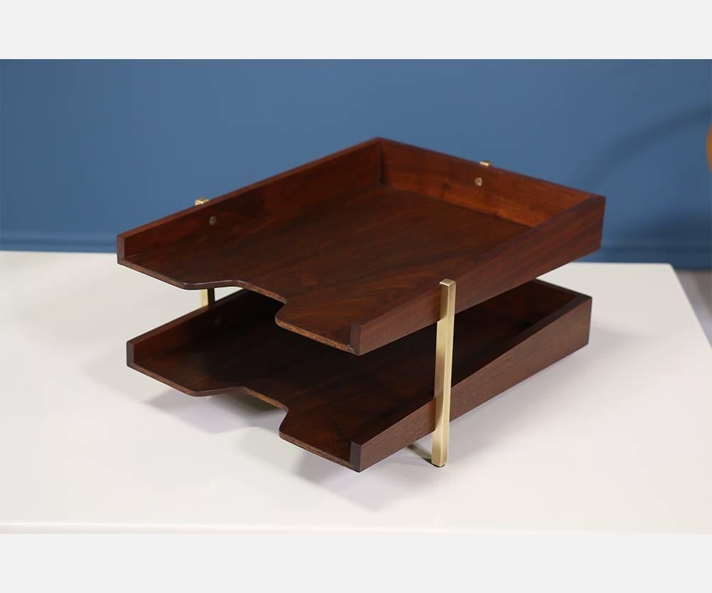 Midcentury Walnut and Brass Paper Tray Holder 2