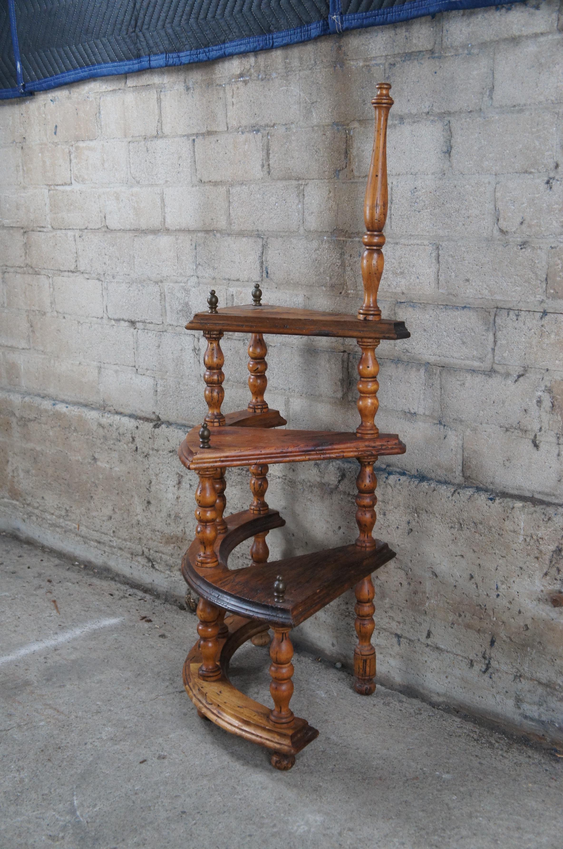 Mid Century Walnut 3 Tier Spiral Library Book Staircase Step Ladder Brass For Sale 4