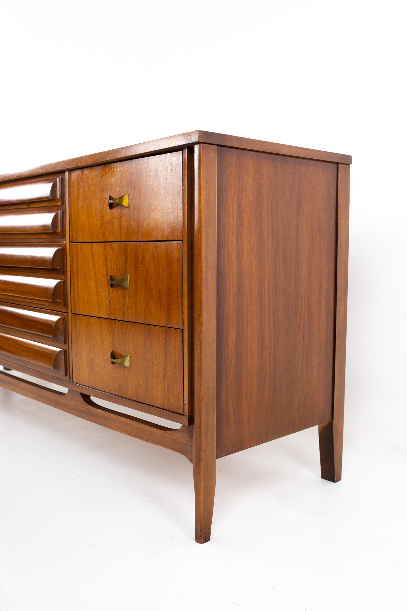 Mid-Century Modern Dixie Furniture Mid Century Walnut 9 Drawer Lowboy Dresser