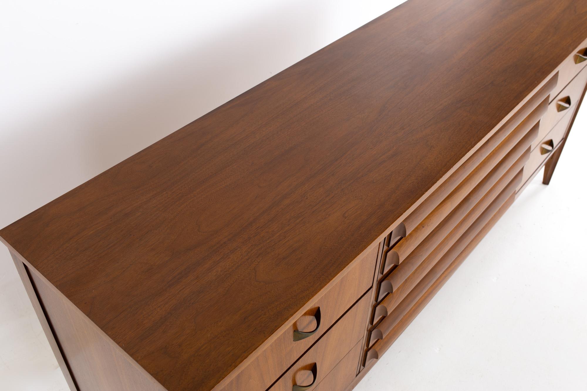 American Dixie Furniture Mid Century Walnut 9 Drawer Lowboy Dresser
