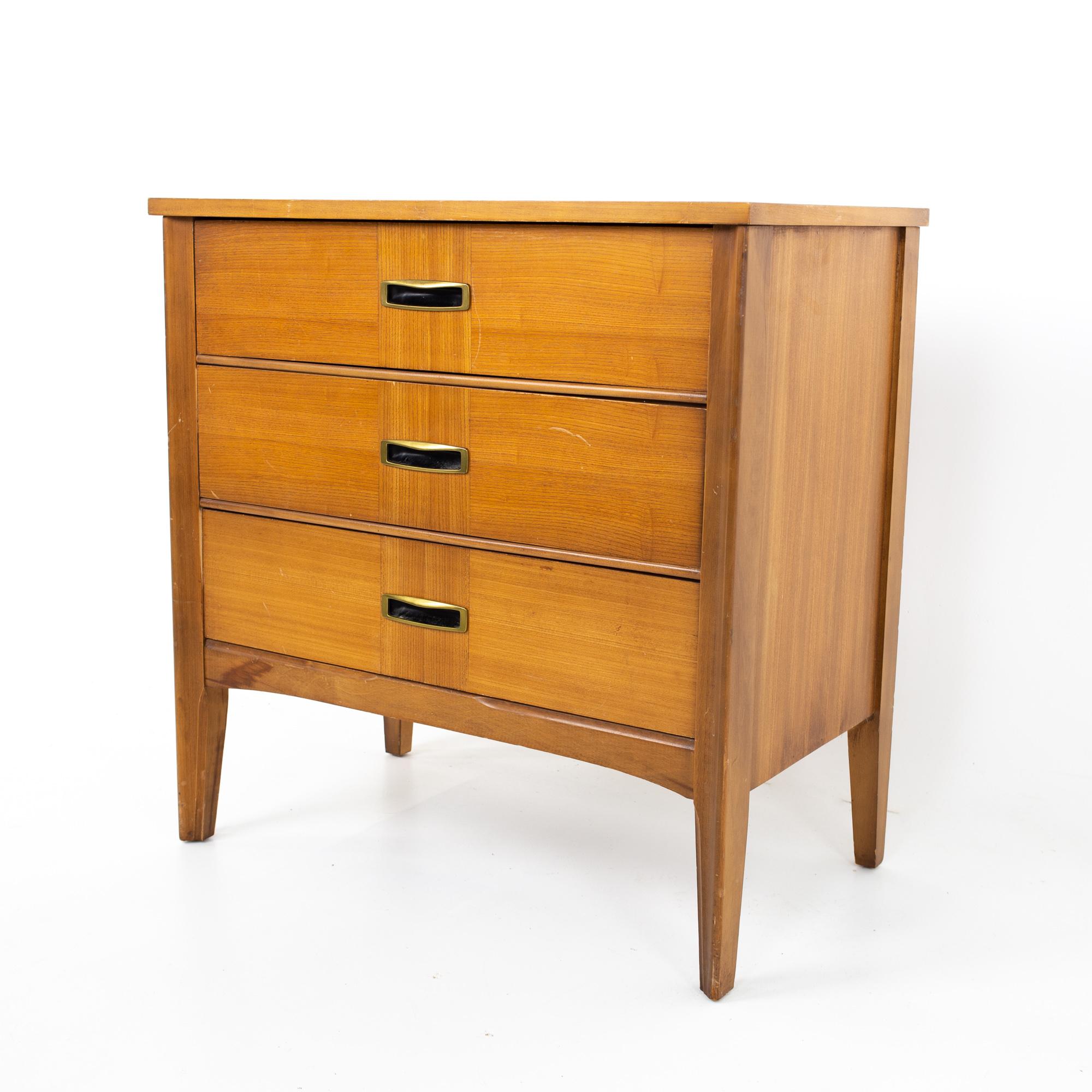 Mid century walnut and brass 3 drawer chest
Chest measures: 30.5 wide x 18 deep x 31 inches high

All pieces of furniture can be had in what we call restored vintage condition. That means the piece is restored upon purchase so it’s free of