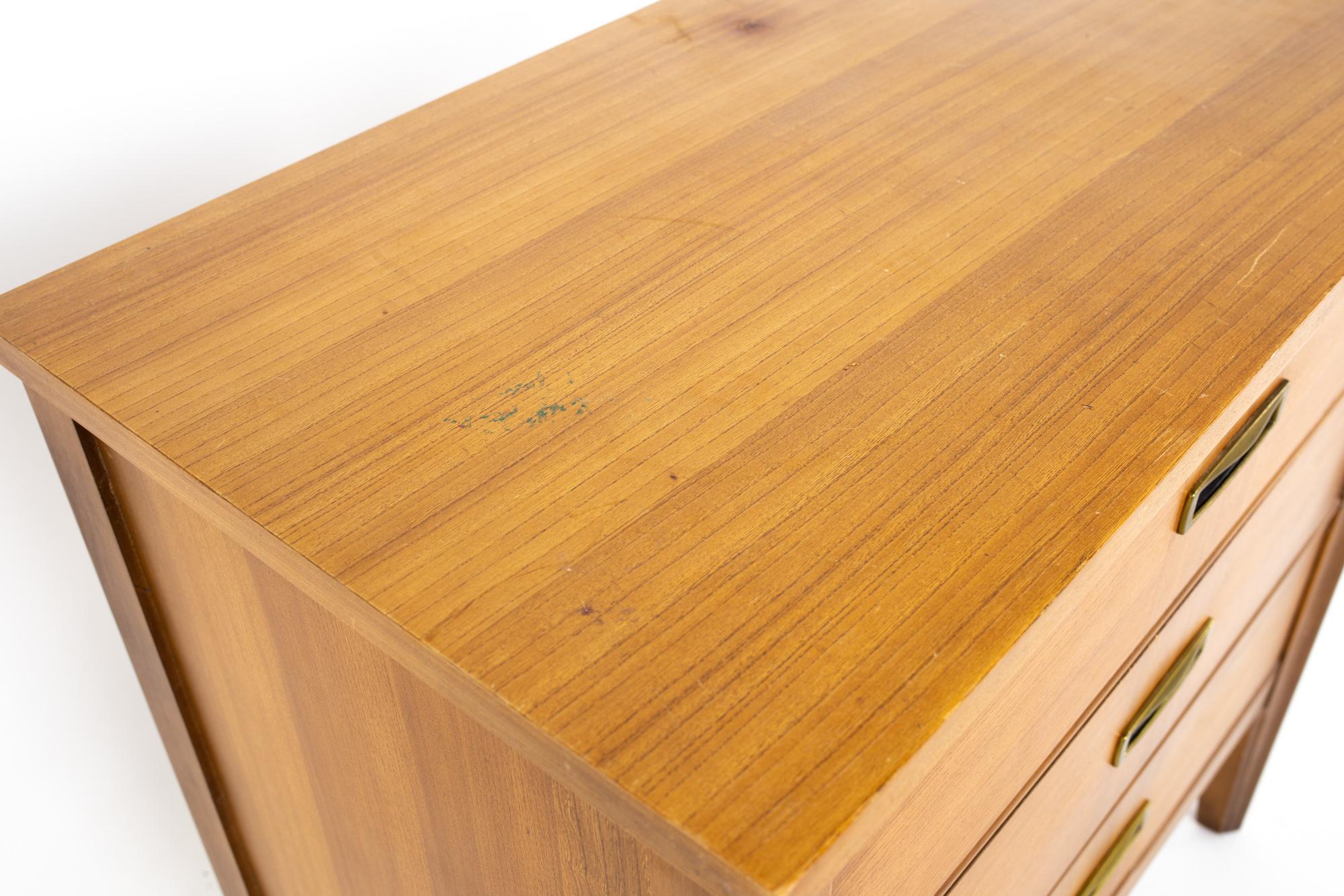 Mid Century Walnut and Brass 3 Drawer Chest In Good Condition In Countryside, IL