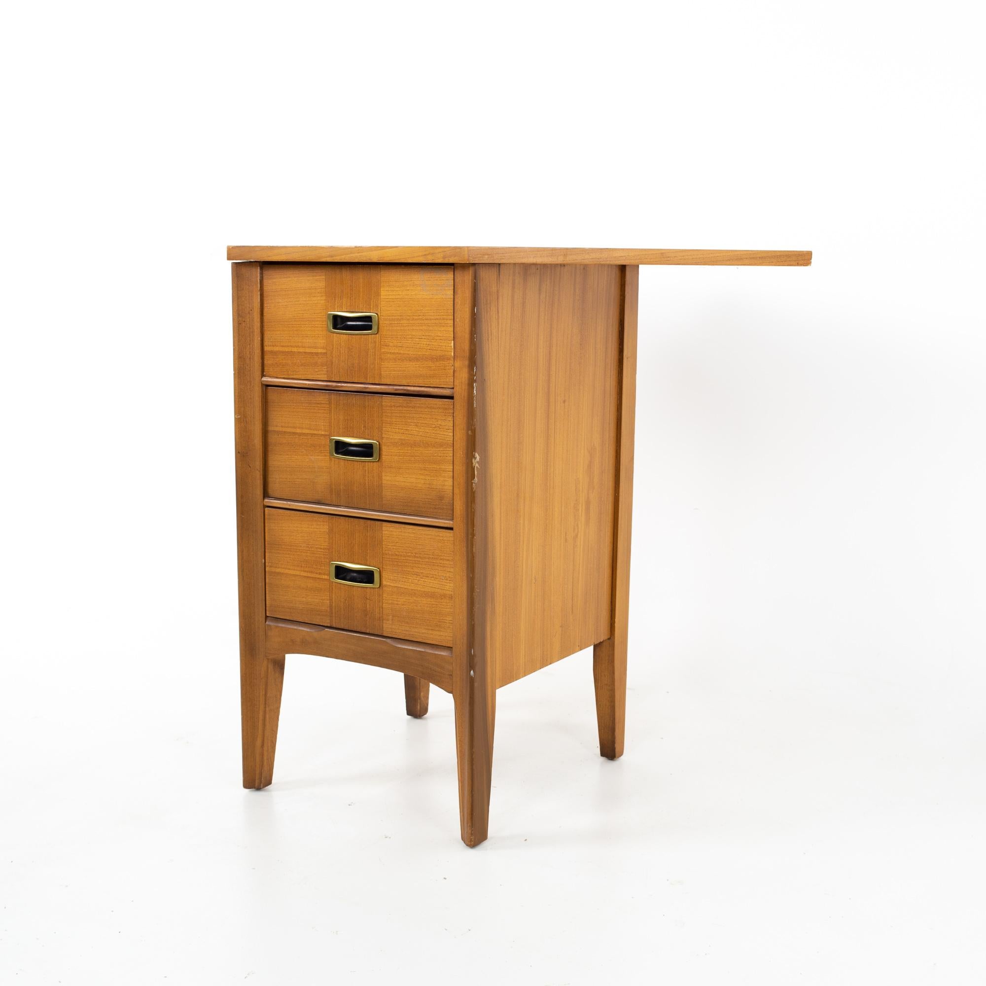 Mid century walnut and brass 3 drawer corner chest table
Corner table measures: 41.5 wide x 33.5 deep x 31.25 inches high

All pieces of furniture can be had in what we call restored vintage condition. That means the piece is restored upon