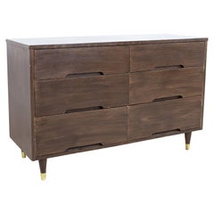Mid Century Walnut and Brass 6 Drawer Lowboy Dresser