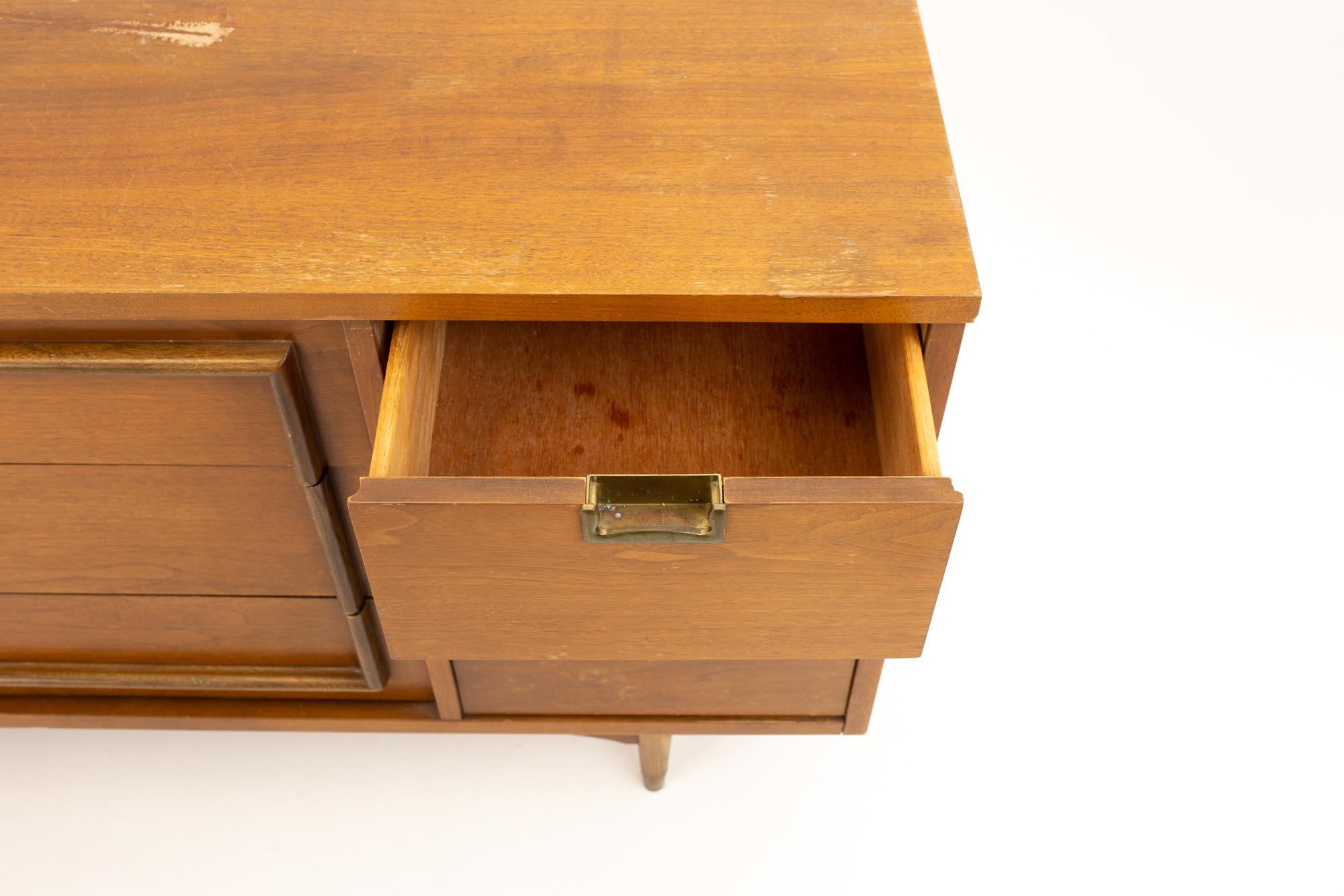 Midcentury Walnut and Brass 9 Drawer Lowboy Dresser 4