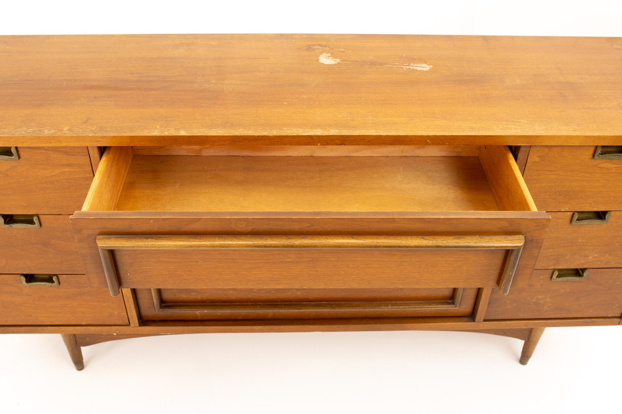 Midcentury Walnut and Brass 9 Drawer Lowboy Dresser 5