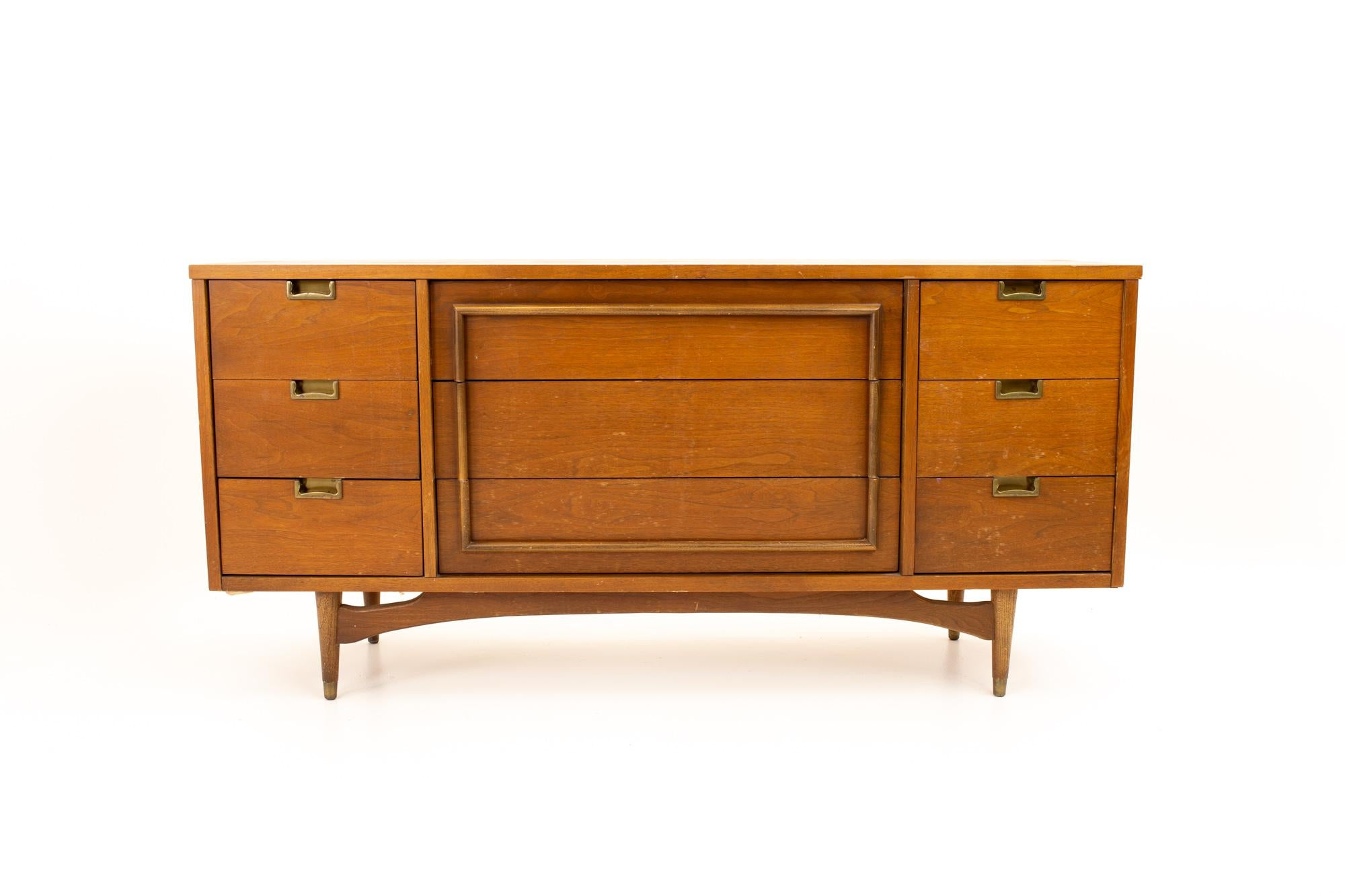 Mid-Century Modern Midcentury Walnut and Brass 9 Drawer Lowboy Dresser