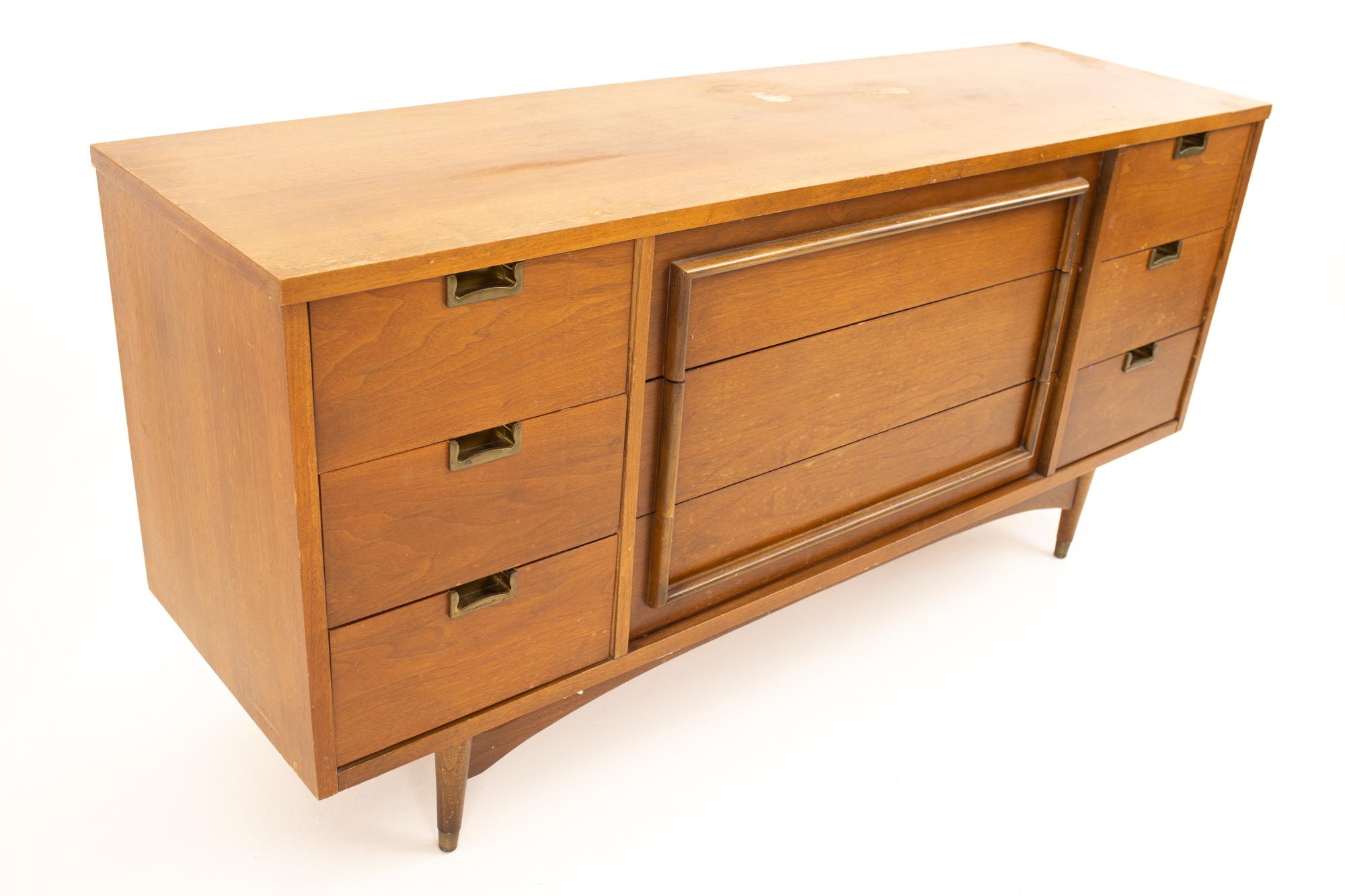 American Midcentury Walnut and Brass 9 Drawer Lowboy Dresser