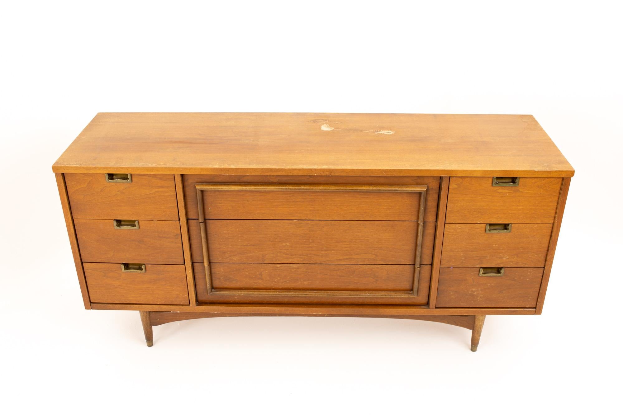 Late 20th Century Midcentury Walnut and Brass 9 Drawer Lowboy Dresser