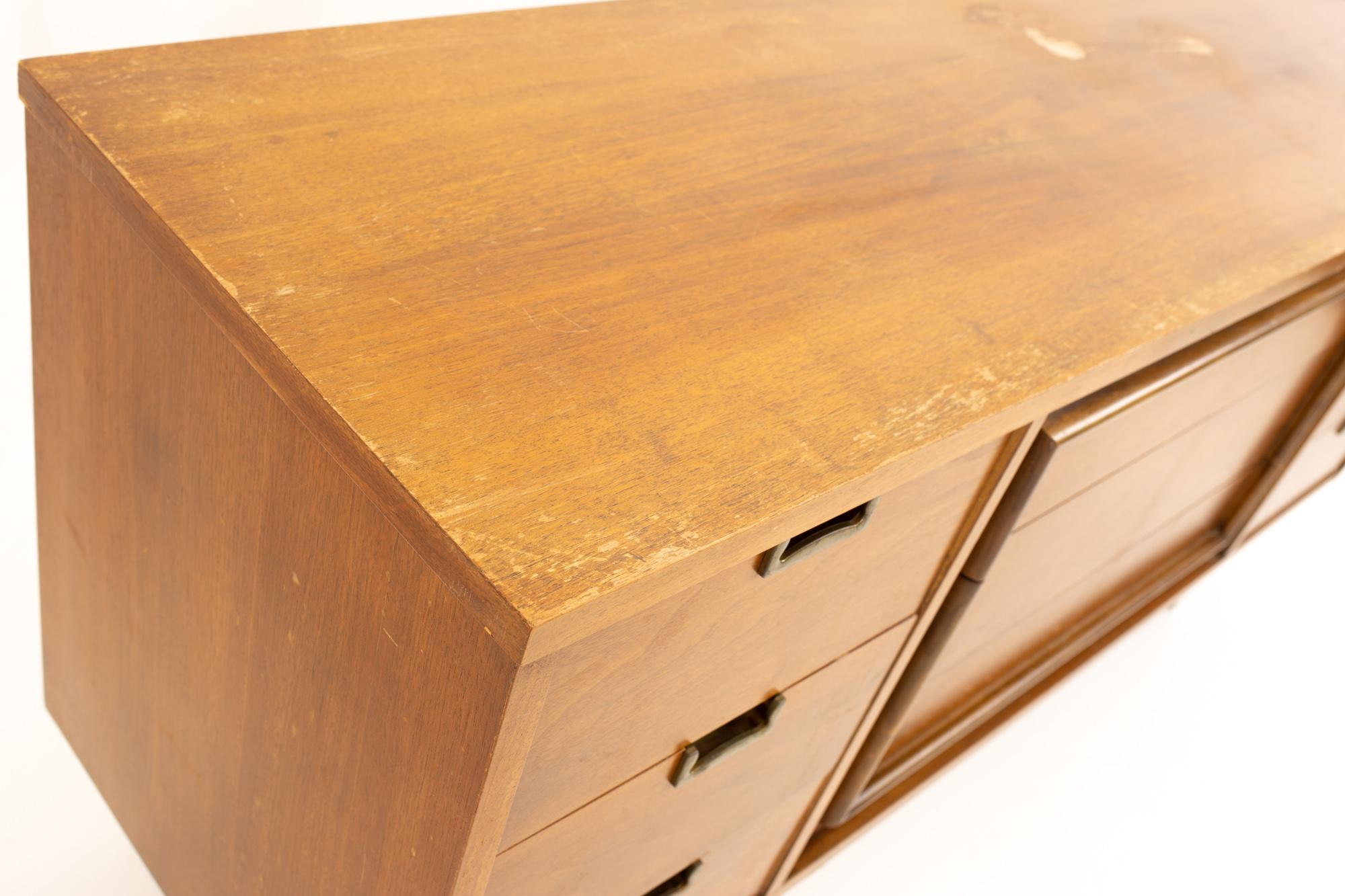 Midcentury Walnut and Brass 9 Drawer Lowboy Dresser 1