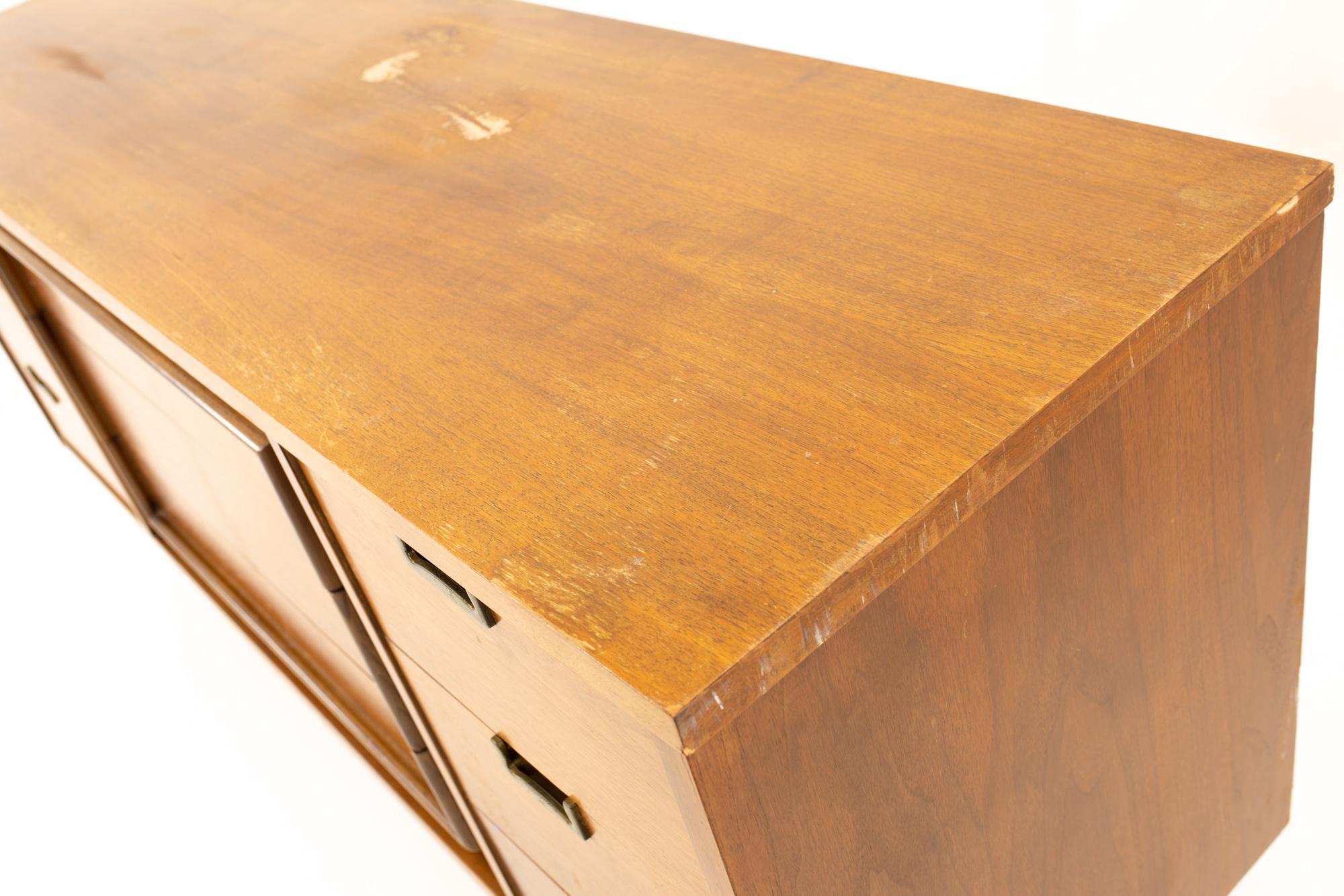 Midcentury Walnut and Brass 9 Drawer Lowboy Dresser 2