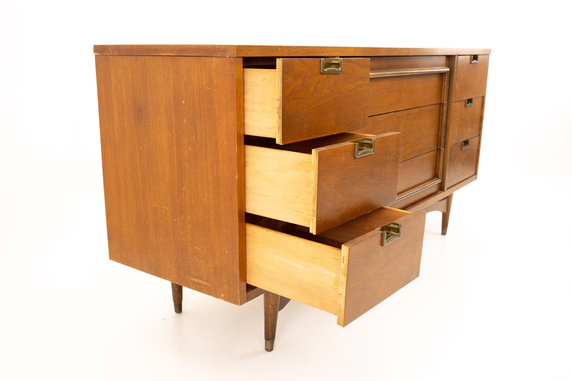 Midcentury Walnut and Brass 9 Drawer Lowboy Dresser 3