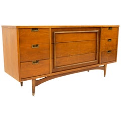 Midcentury Walnut and Brass 9 Drawer Lowboy Dresser