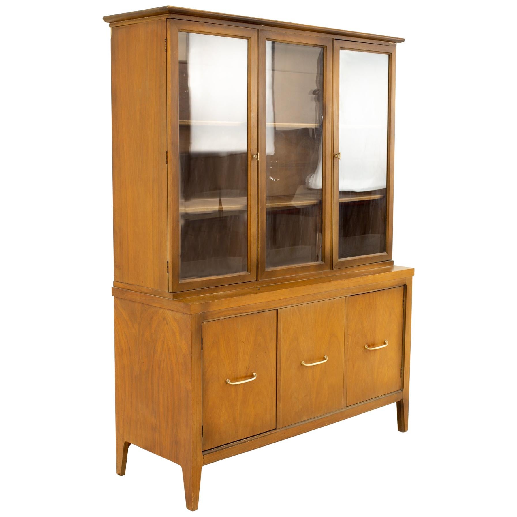 Midcentury Walnut and Brass Buffet and Hutch