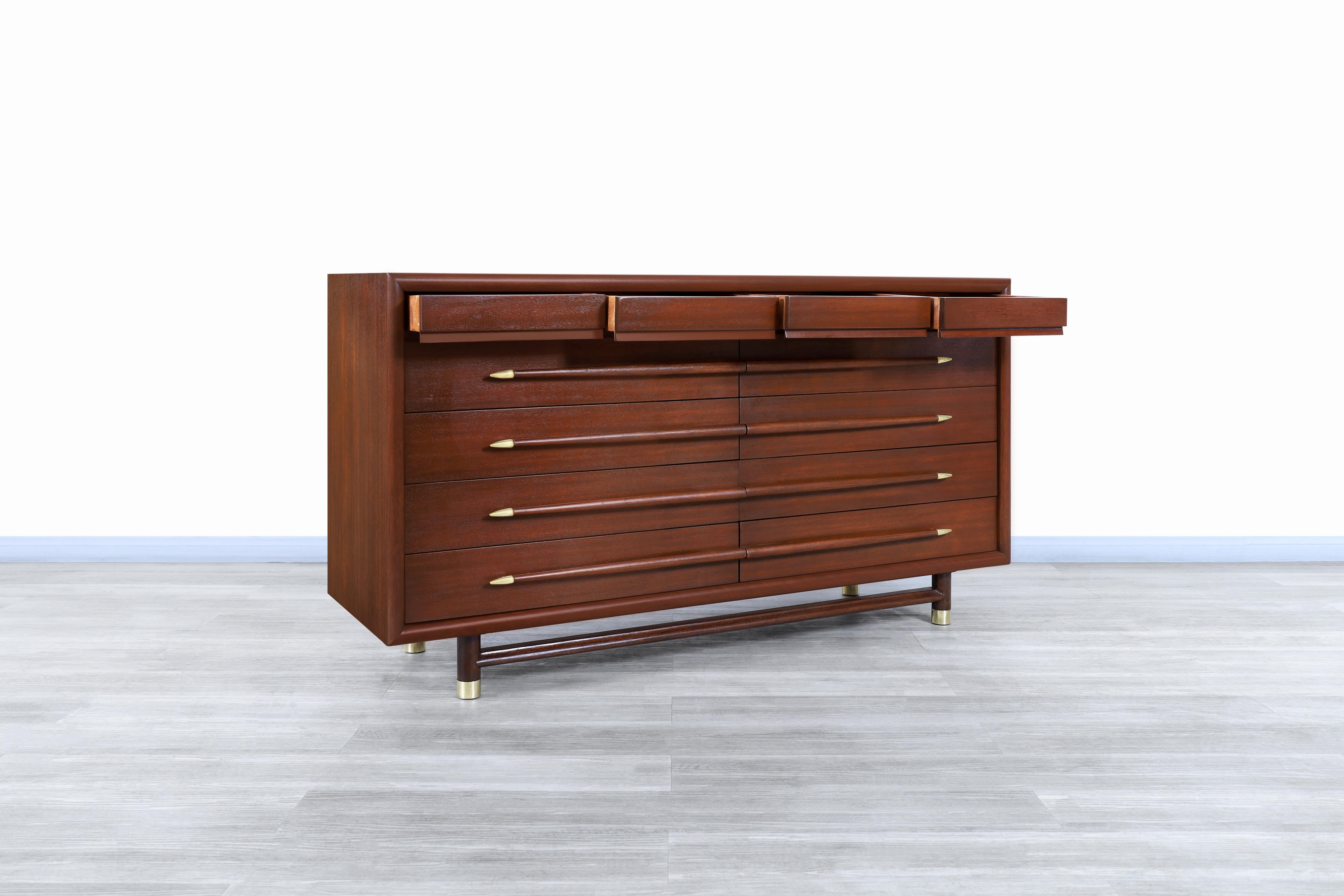 Mid Century Walnut and Brass Dresser by John Keal for Brown Saltman In Excellent Condition In North Hollywood, CA