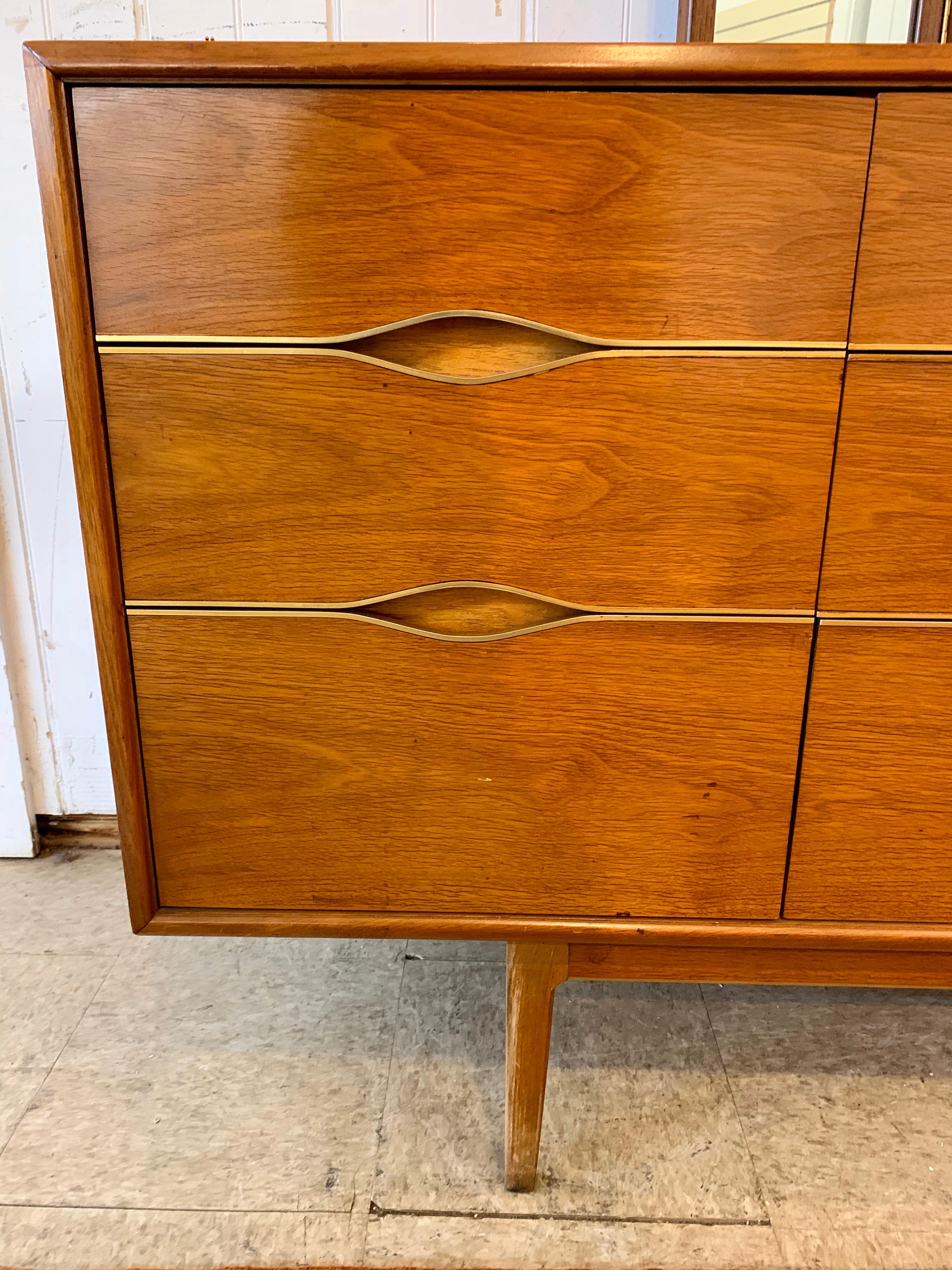 Midcentury Walnut and Brass Dresser Credenza With Folding Mirror In Good Condition In West Hartford, CT