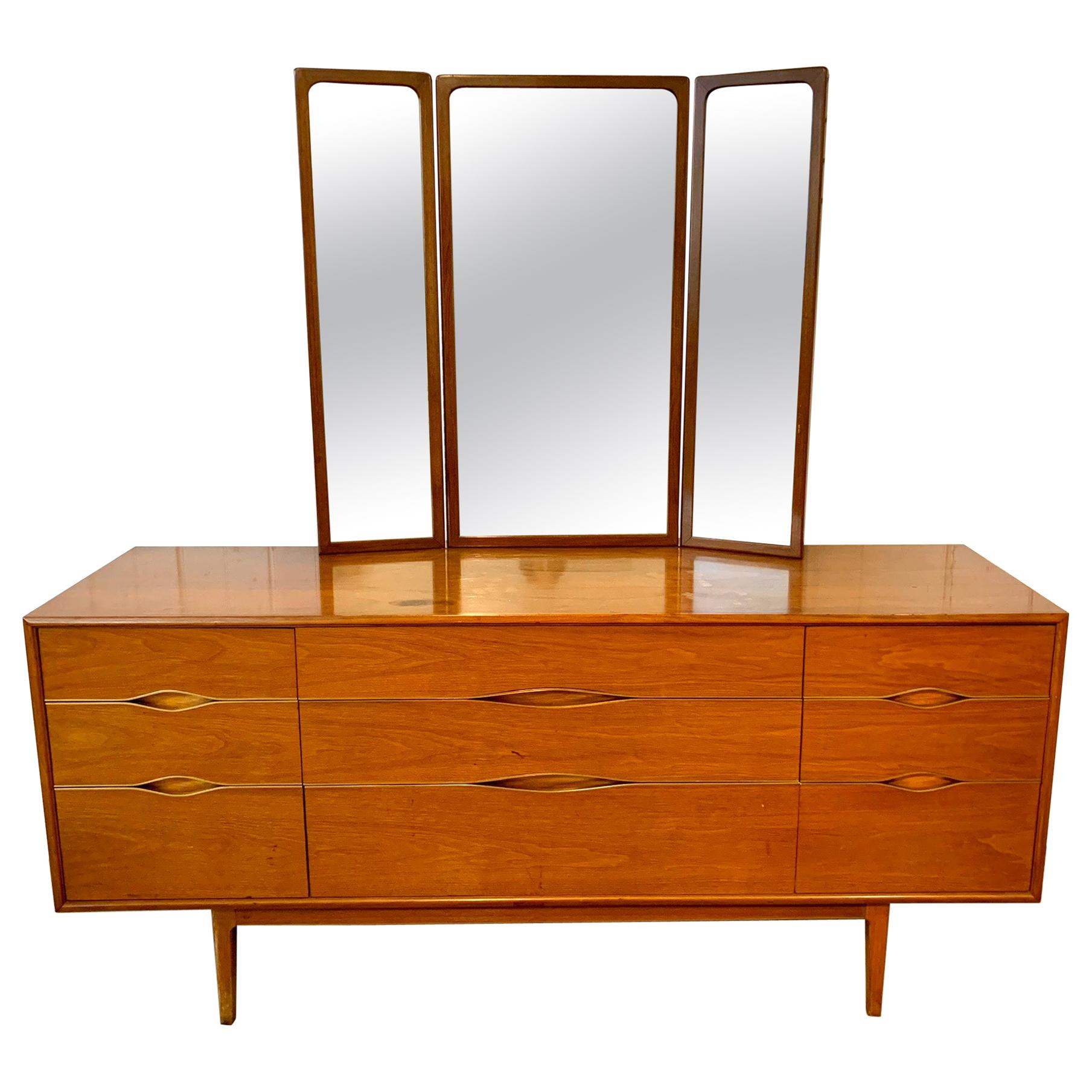Midcentury Walnut and Brass Dresser Credenza With Folding Mirror