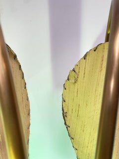 Mid Century Walnut and Brass Floor Lamp with Whipstitch Fiberglass Lamp Shades