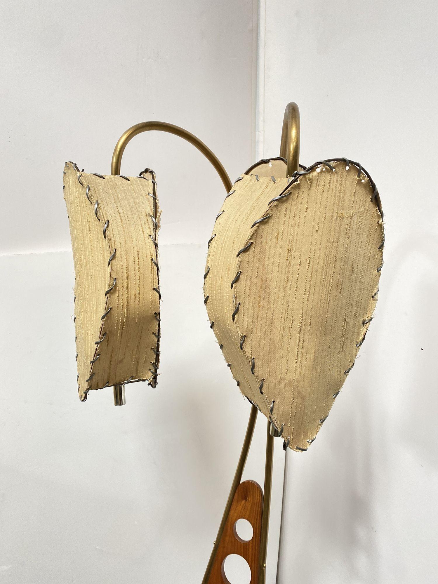 Mid Century Walnut and Brass Floor Lamp with Whipstitch Fiberglass Lamp Shades For Sale 1