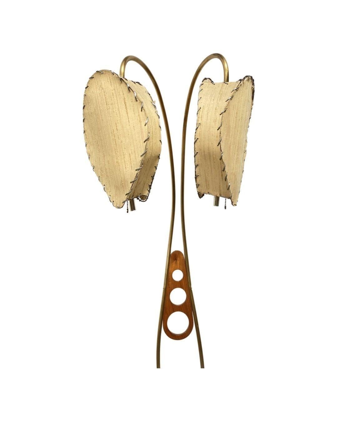 Mid Century Walnut and Brass Floor Lamp with Whipstitch Fiberglass Lamp Shades For Sale 2