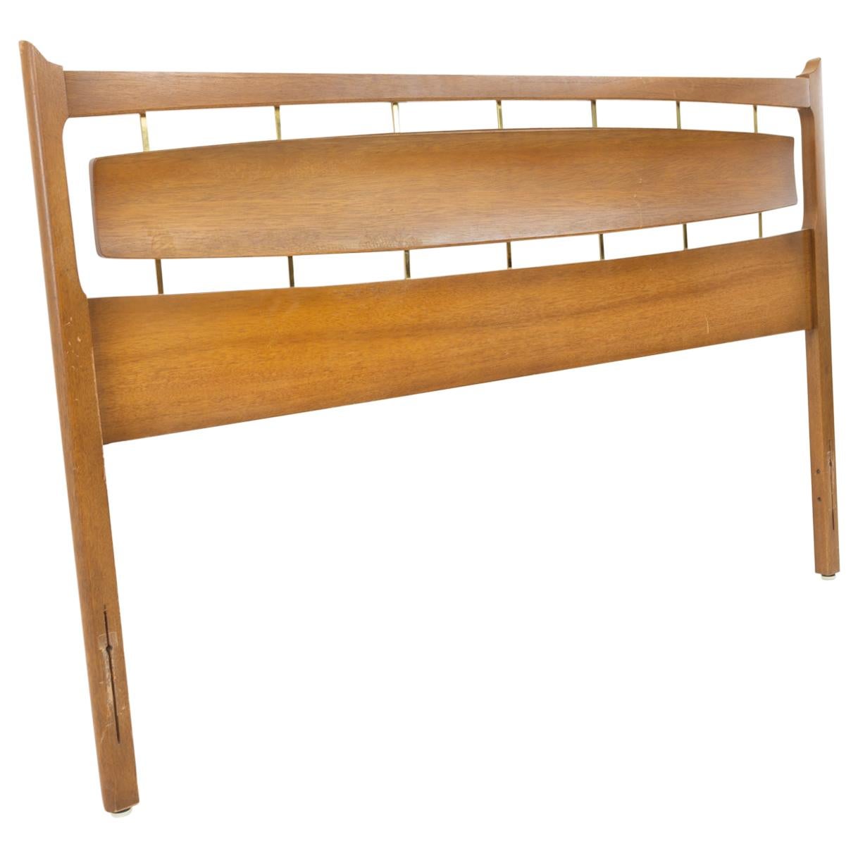 Mid Century Walnut and Brass Full Size Headboard For Sale