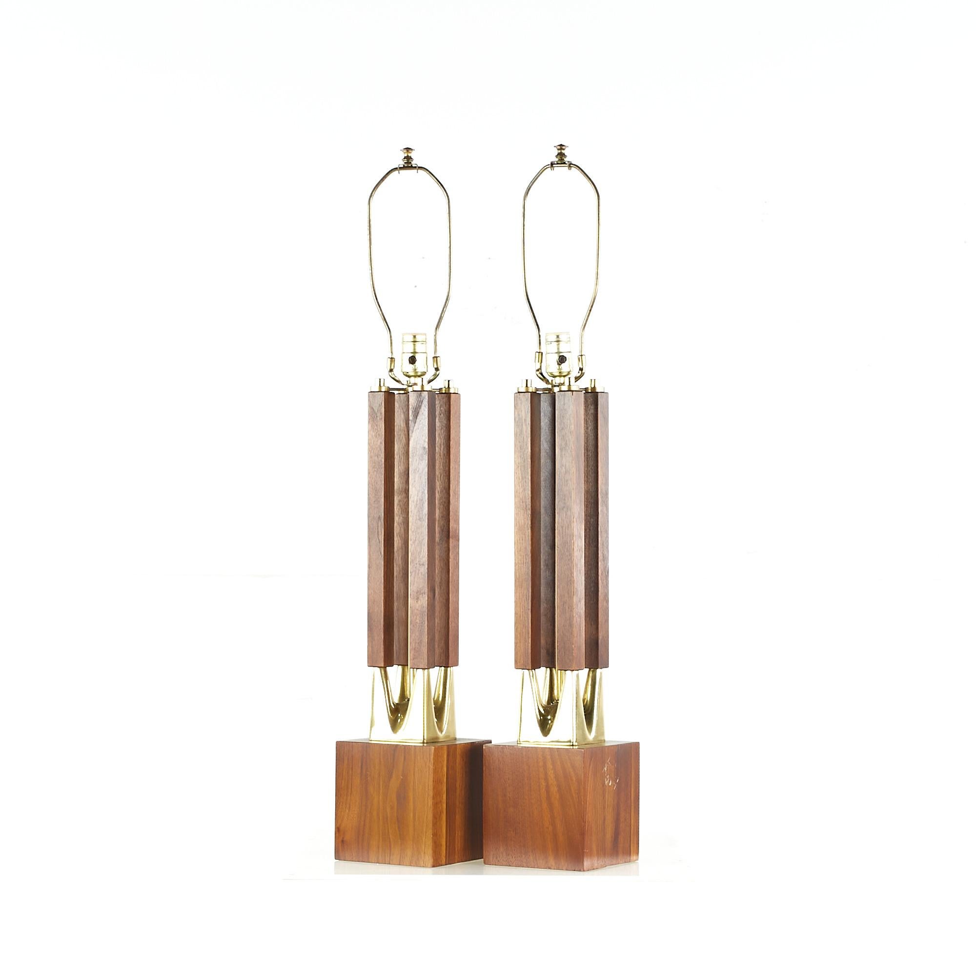 Mid-Century Modern Mid-Century Walnut and Brass Lamps, Pair For Sale