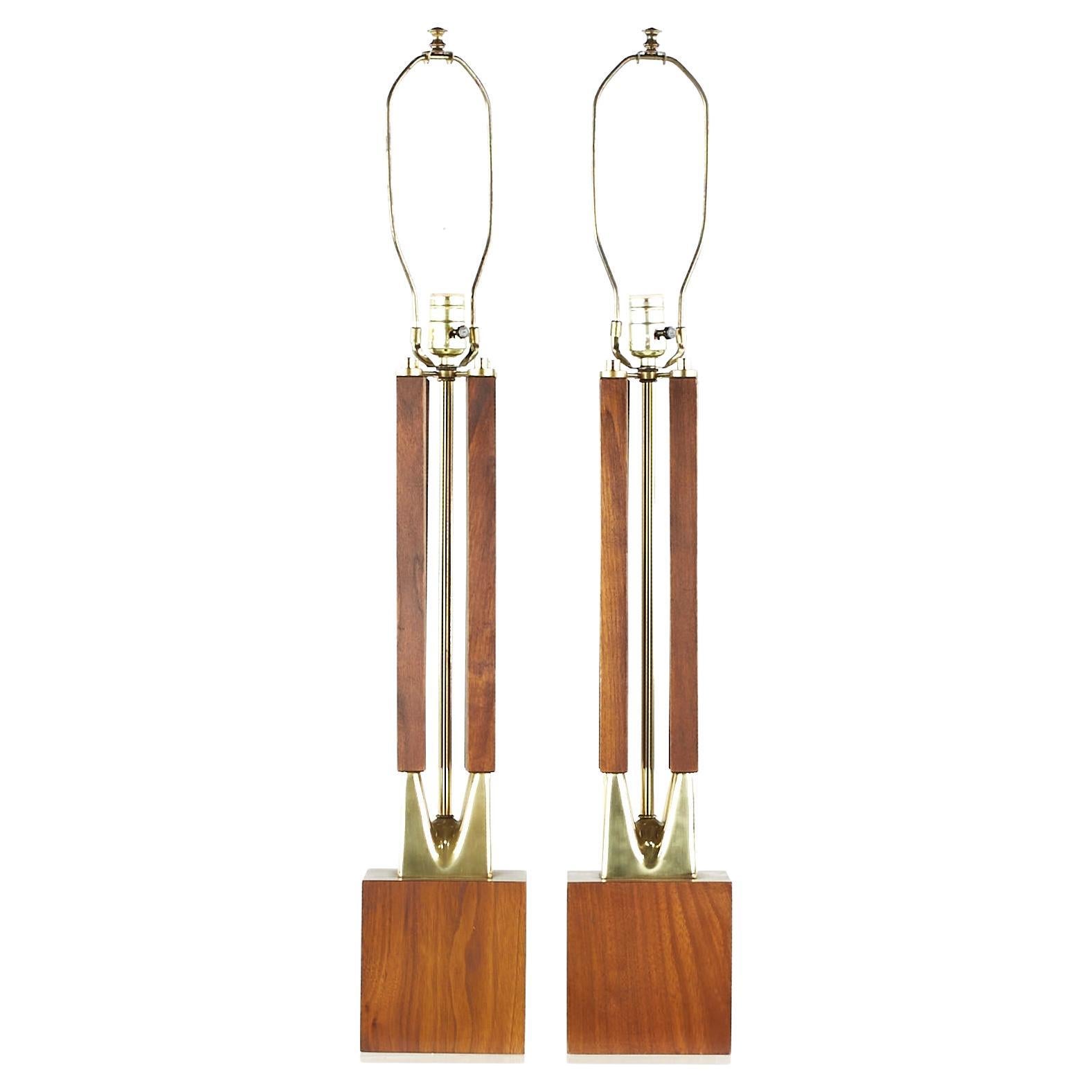 Mid-Century Walnut and Brass Lamps, Pair