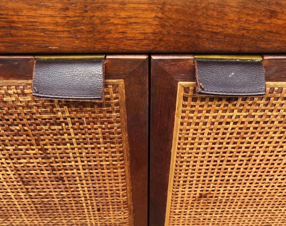 Woodwork Mid century walnut and cane bar cart on casters by Jack Cartwright Founders For Sale