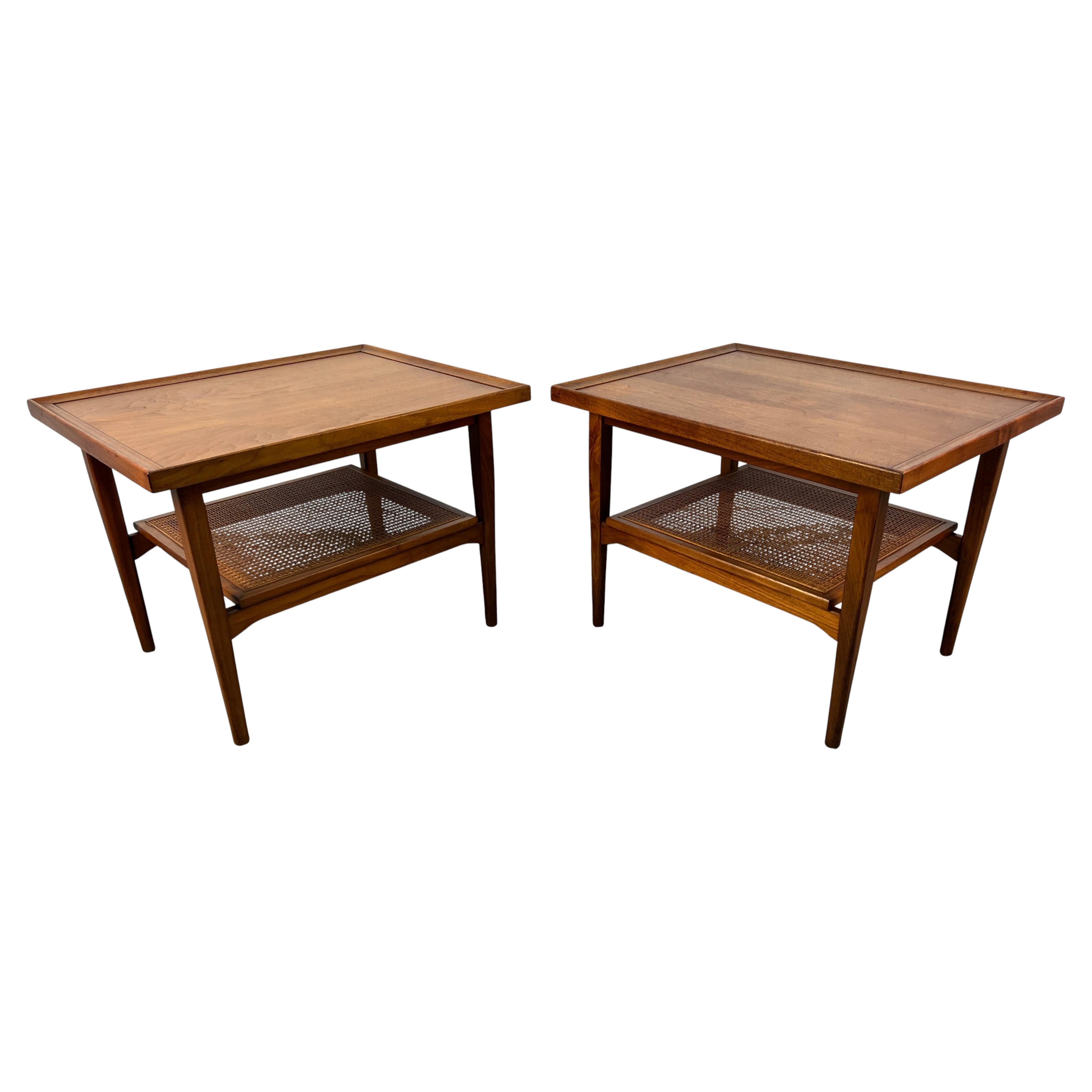 Mid-Century Walnut and Cane Drexel Declaration End Tables by Kipp Stewart For Sale