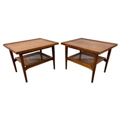Mid-Century Walnut and Cane Drexel Declaration End Tables by Kipp Stewart