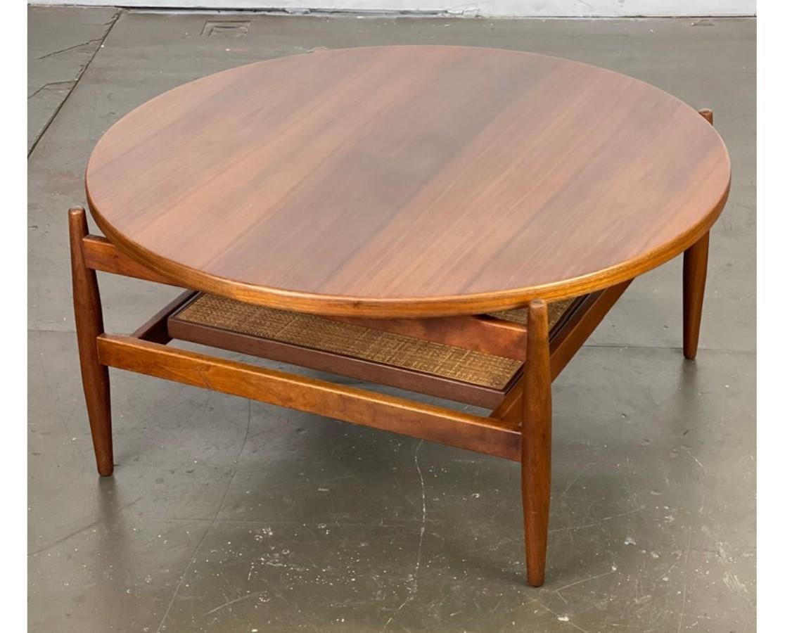 Mid-Century Modern Mid Century Walnut and Cane Floating Round Cocktail Table by Jens Risom