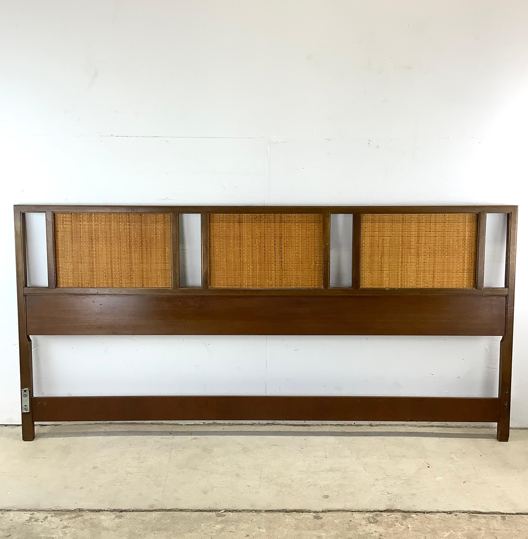 Discover the fusion of mid-century charm and modern versatility with this vintage walnut headboard, featuring three reversible decorative cane panels. This beautifully crafted headboard, hailing from the mid-century modern era, is a treasure for