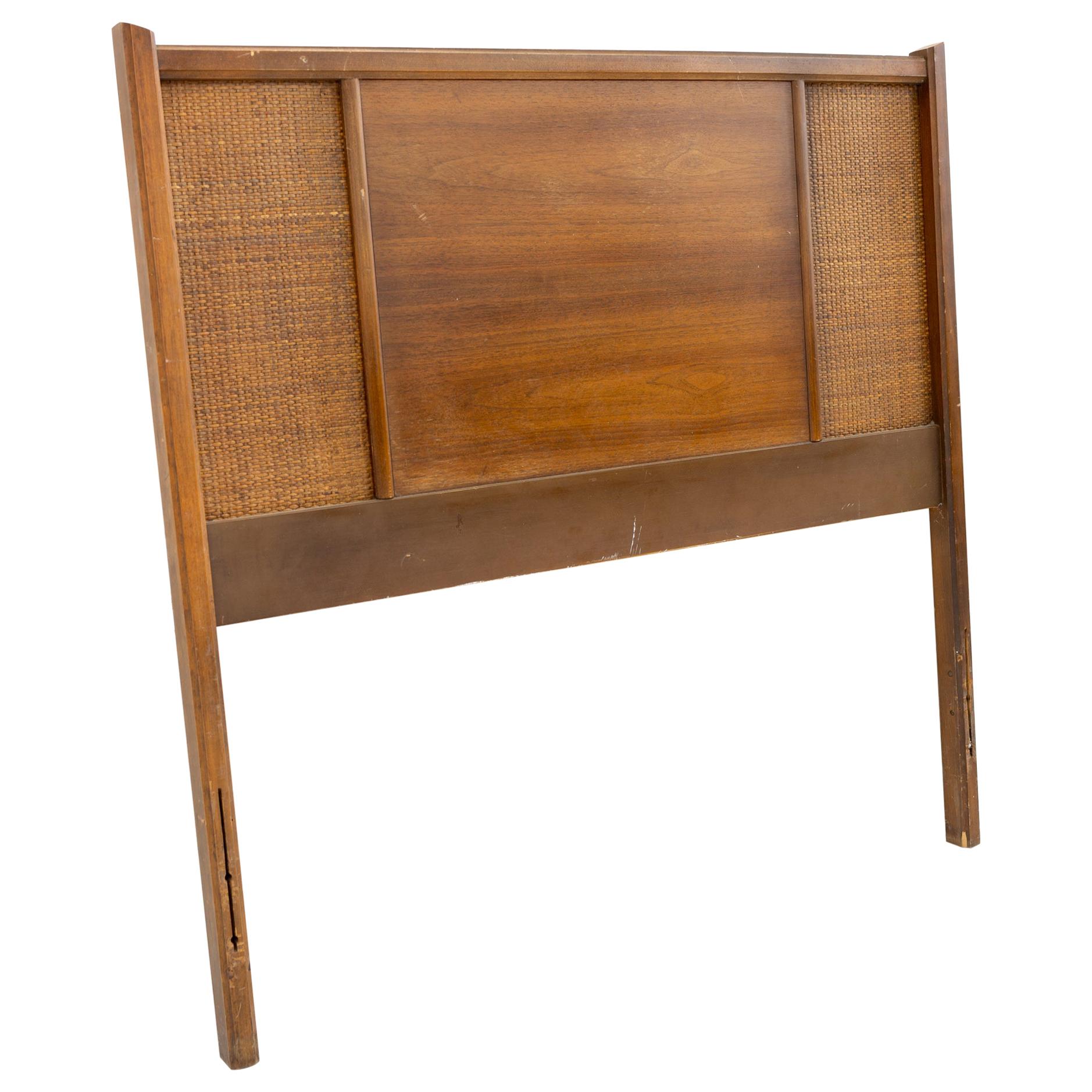 Mid Century Walnut and Cane Twin Size Headboard For Sale