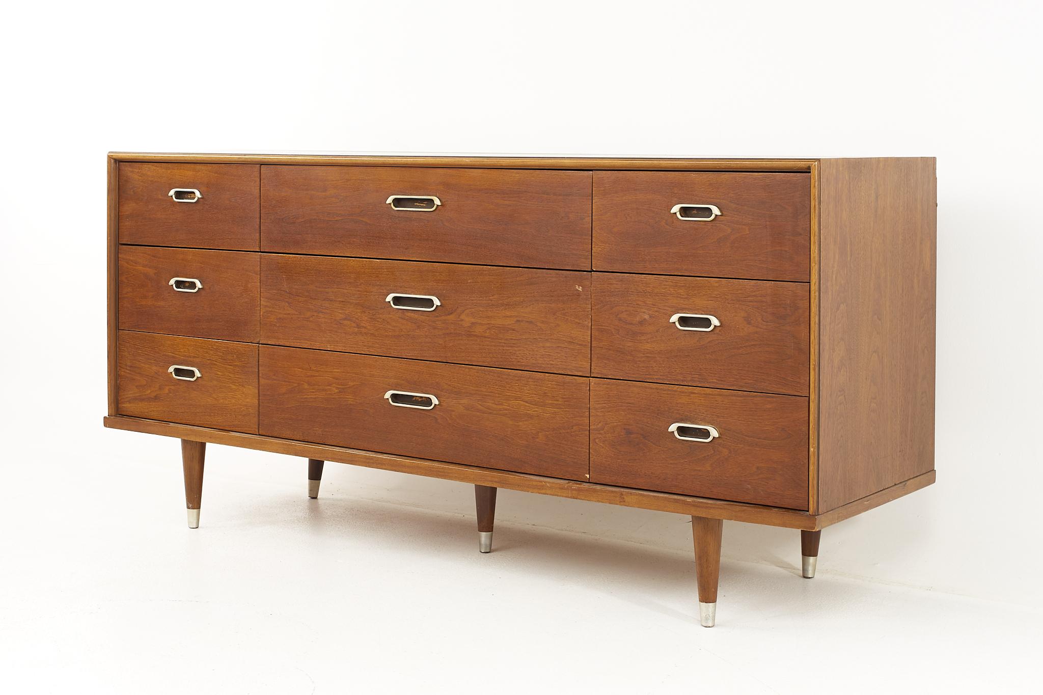 Mid-Century Modern Mid Century Walnut and Chrome 9 Drawer Lowboy Dresser