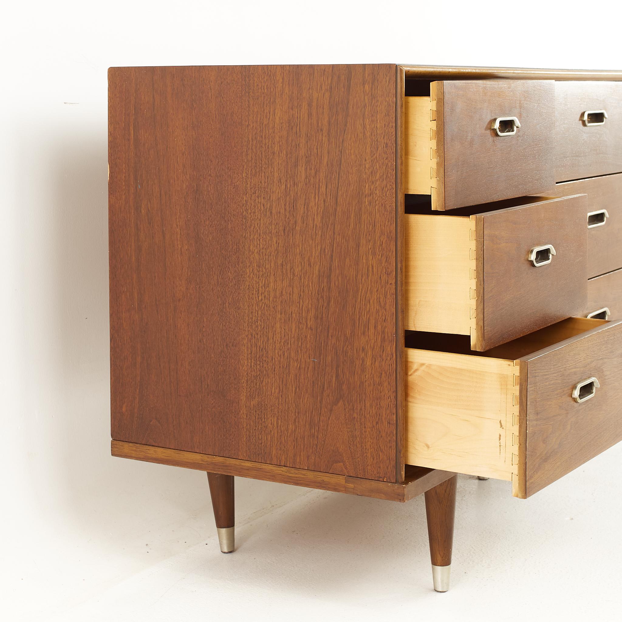 American Mid Century Walnut and Chrome 9 Drawer Lowboy Dresser