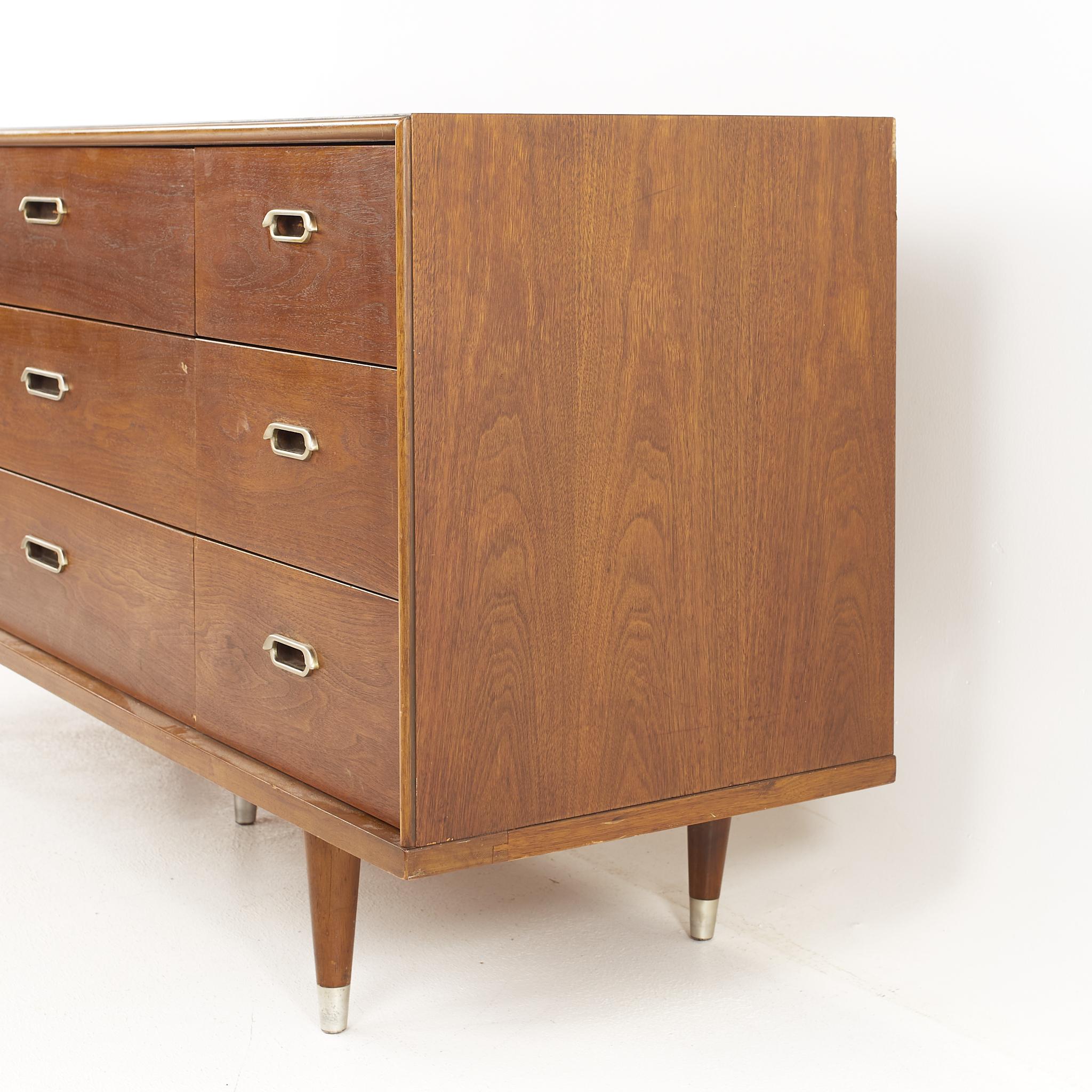 Mid Century Walnut and Chrome 9 Drawer Lowboy Dresser In Good Condition In Countryside, IL