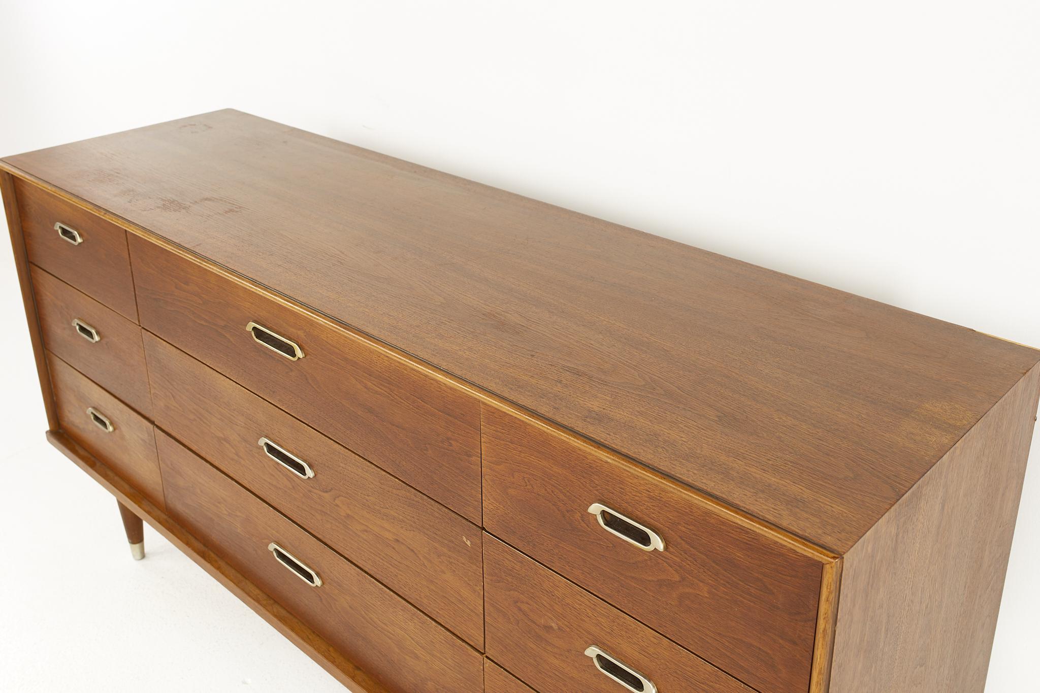 Late 20th Century Mid Century Walnut and Chrome 9 Drawer Lowboy Dresser