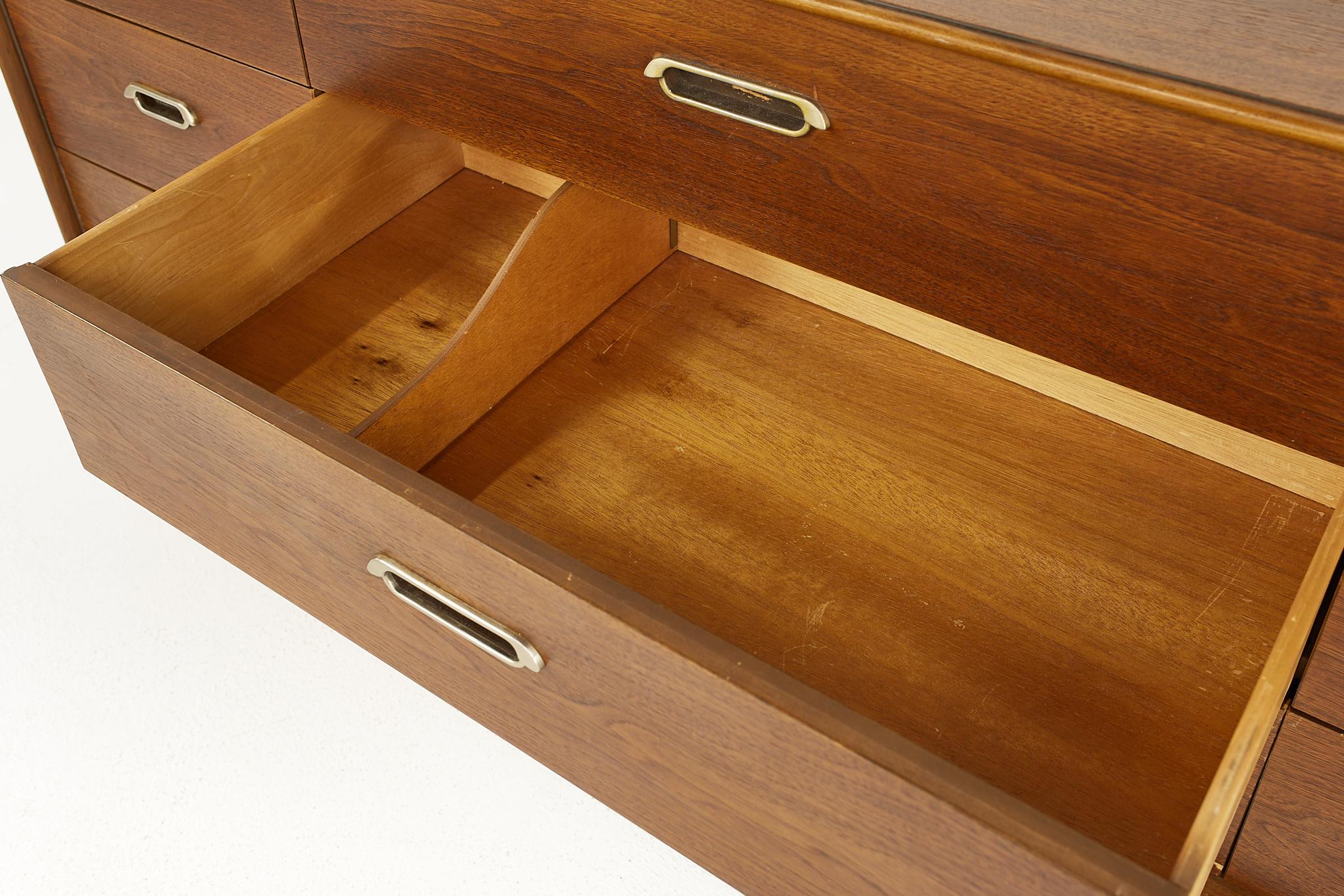 Mid Century Walnut and Chrome 9 Drawer Lowboy Dresser 3