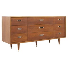 Mid Century Walnut and Chrome 9 Drawer Lowboy Dresser