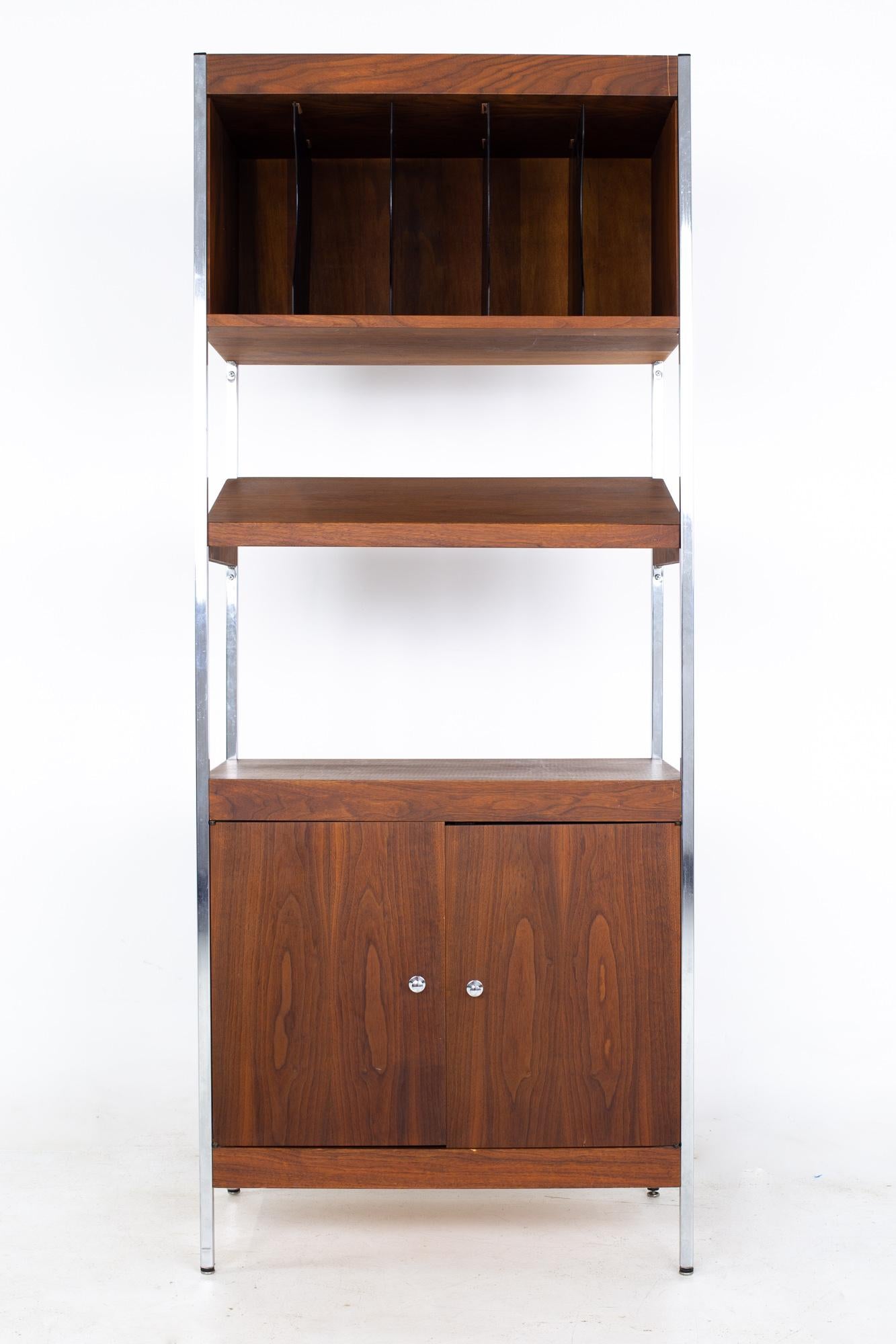 Mid-Century Modern Mid Century Walnut and Chrome Freestanding Wall Unit Shelving For Sale