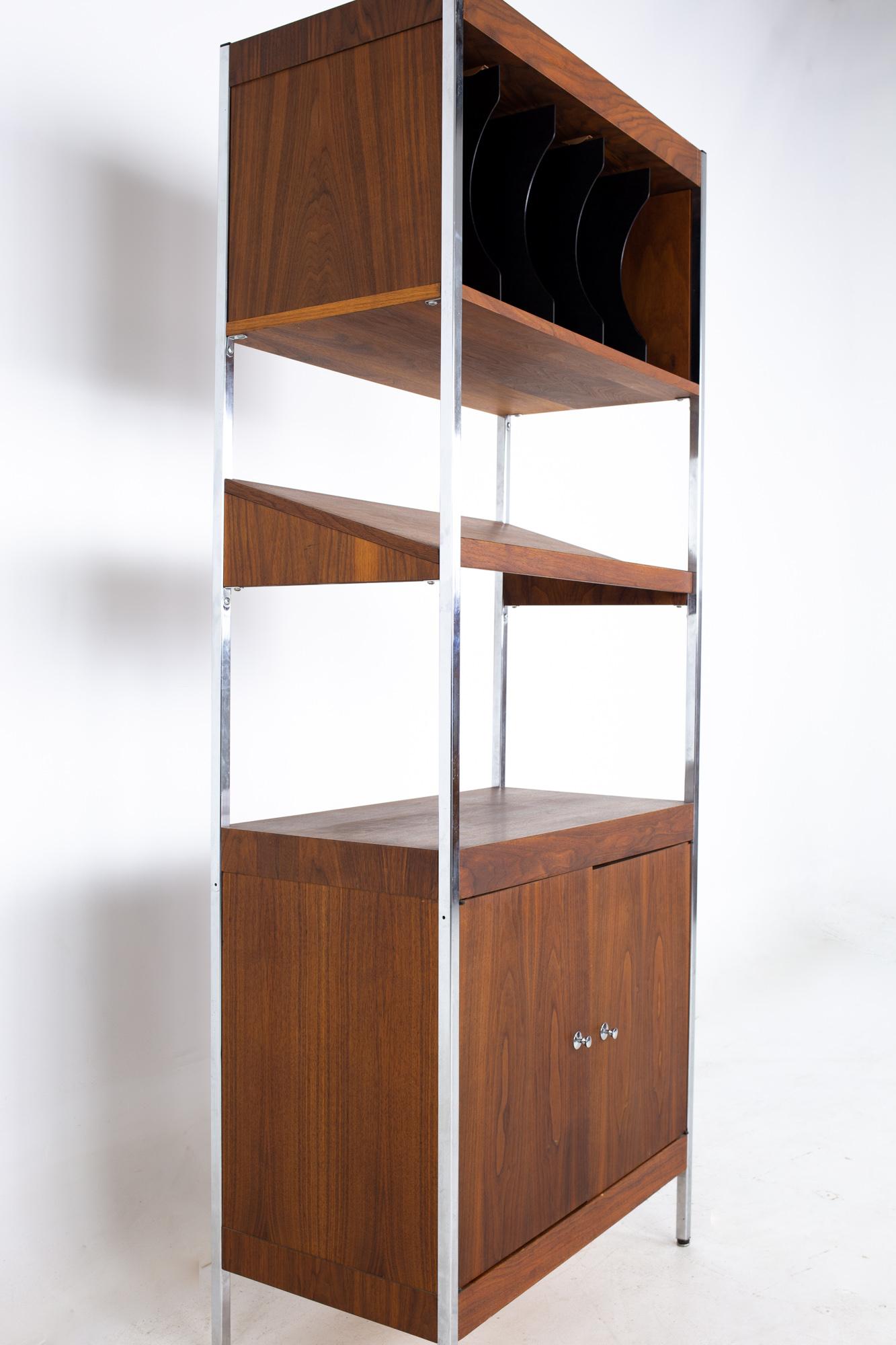 American Mid Century Walnut and Chrome Freestanding Wall Unit Shelving For Sale