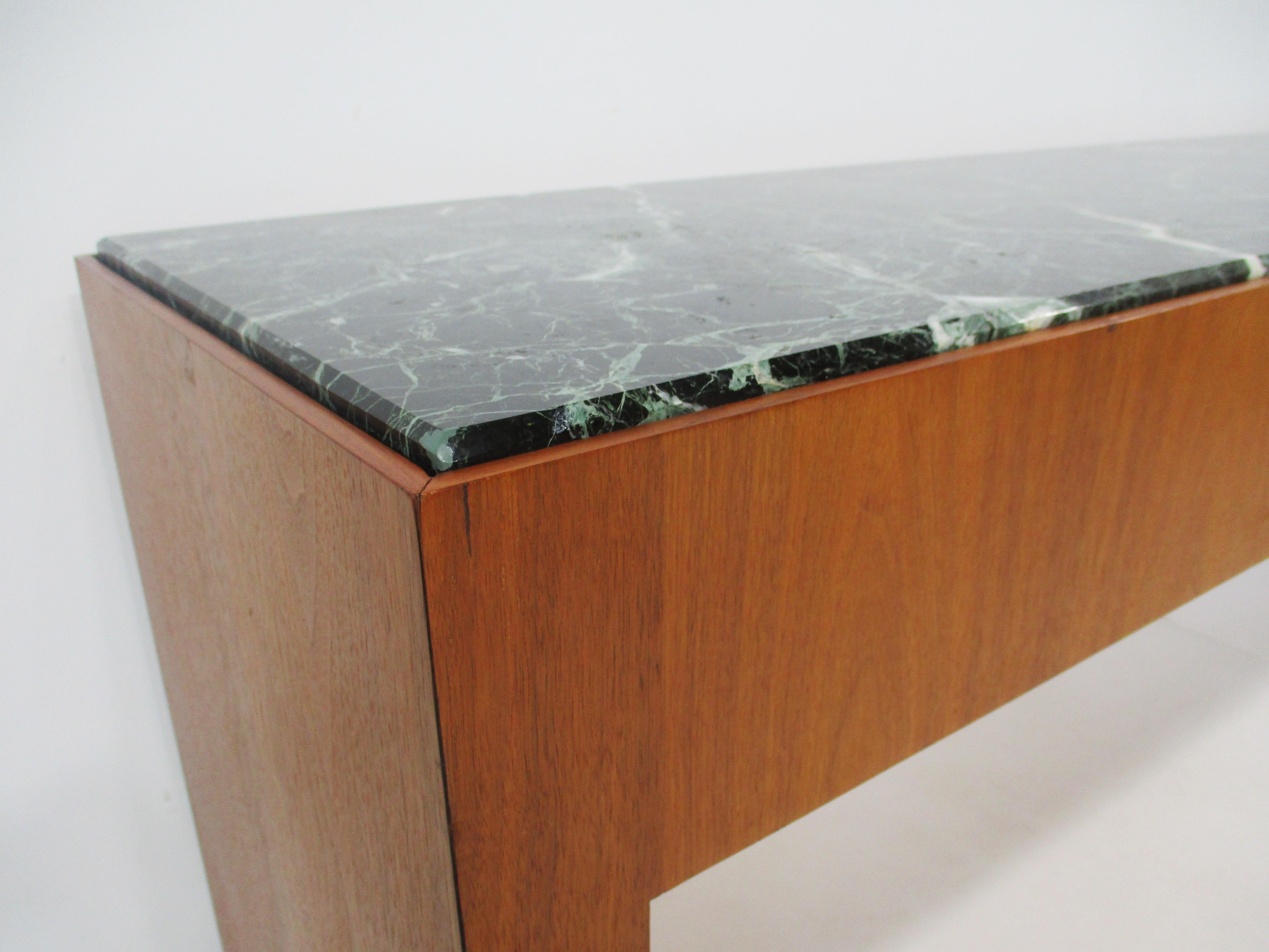 Mid Century Walnut and Dark Green Marble Console Table  4