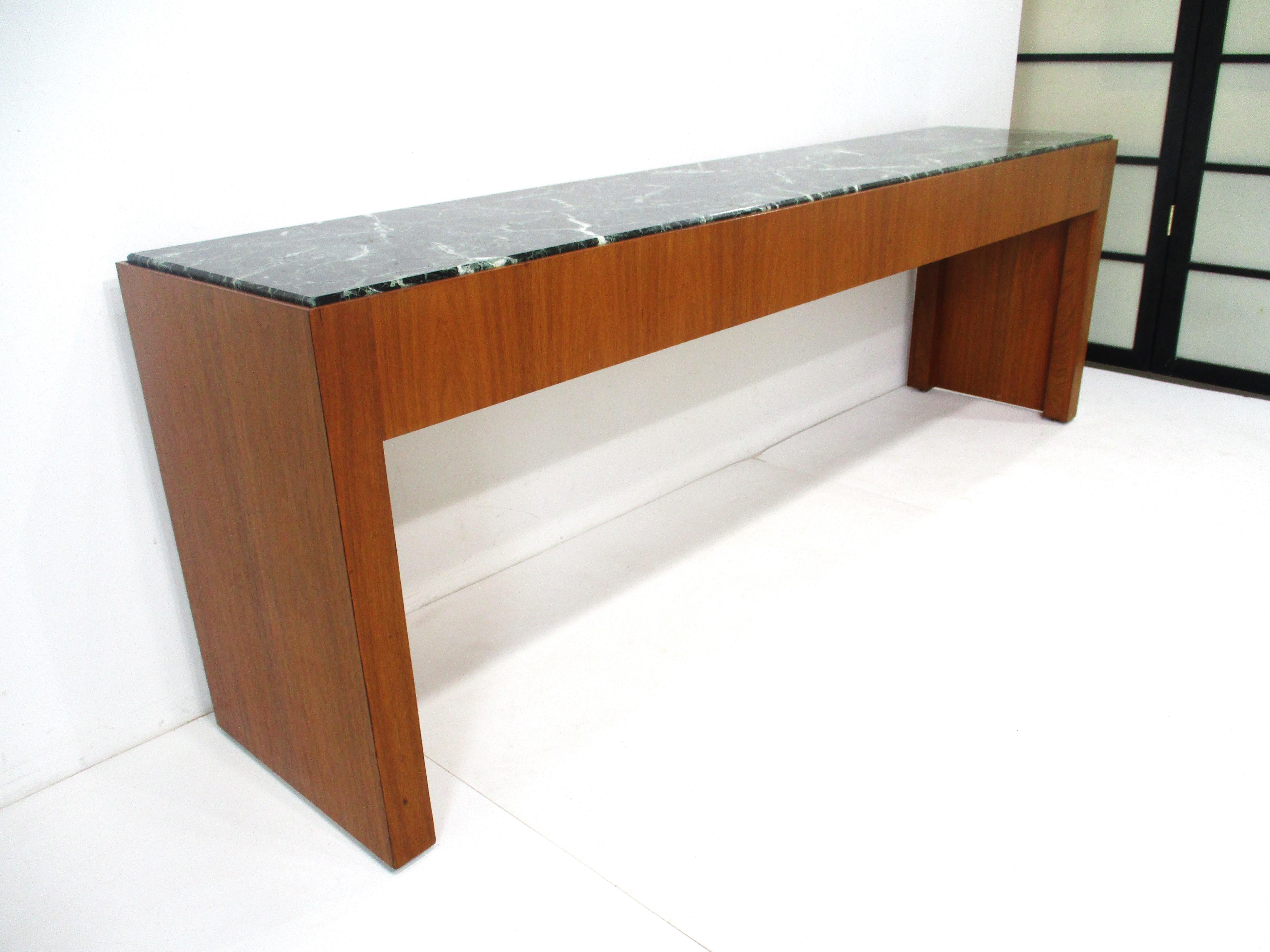 Mid Century Walnut and Dark Green Marble Console Table  6