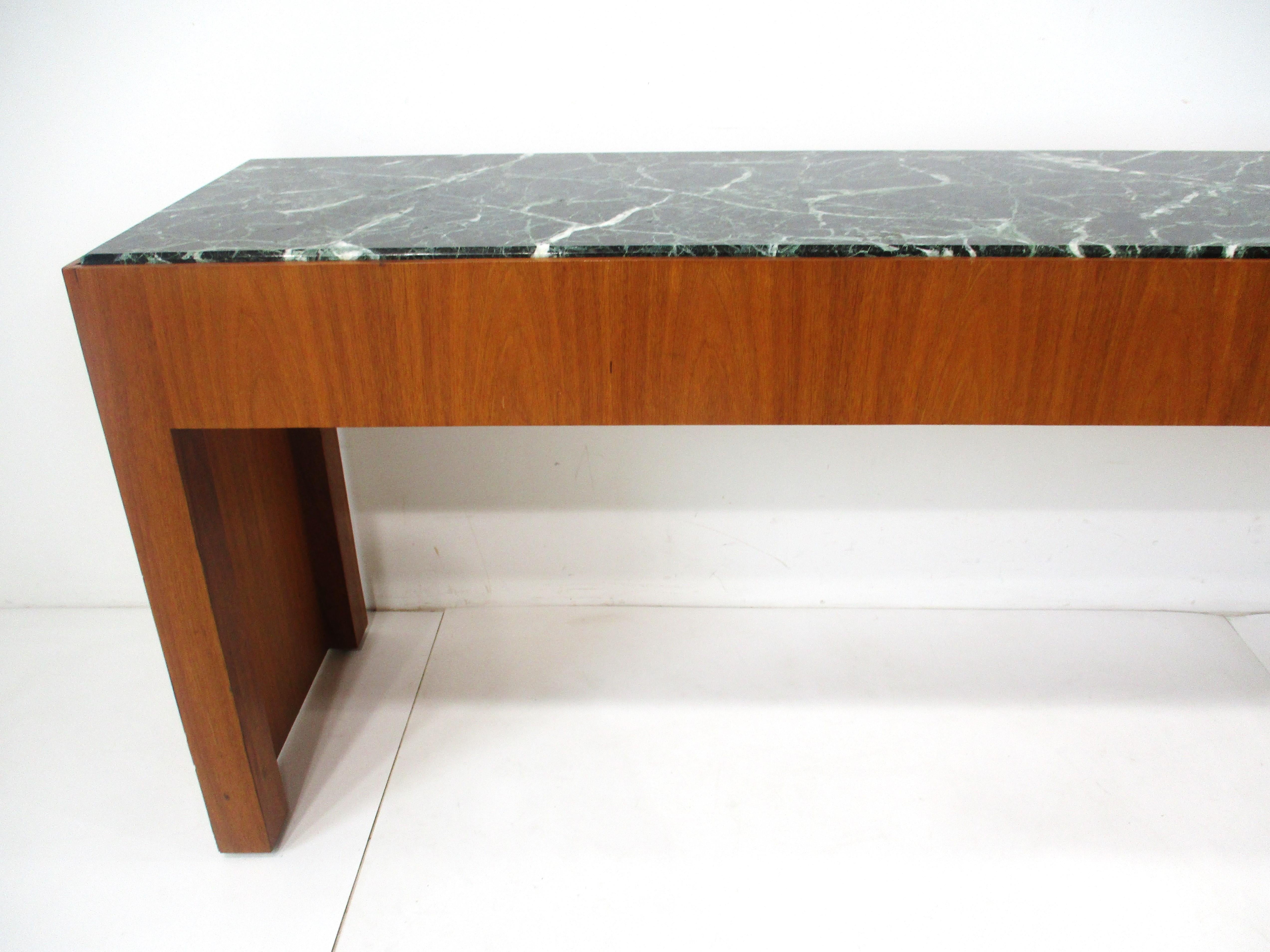 American Mid Century Walnut and Dark Green Marble Console Table 