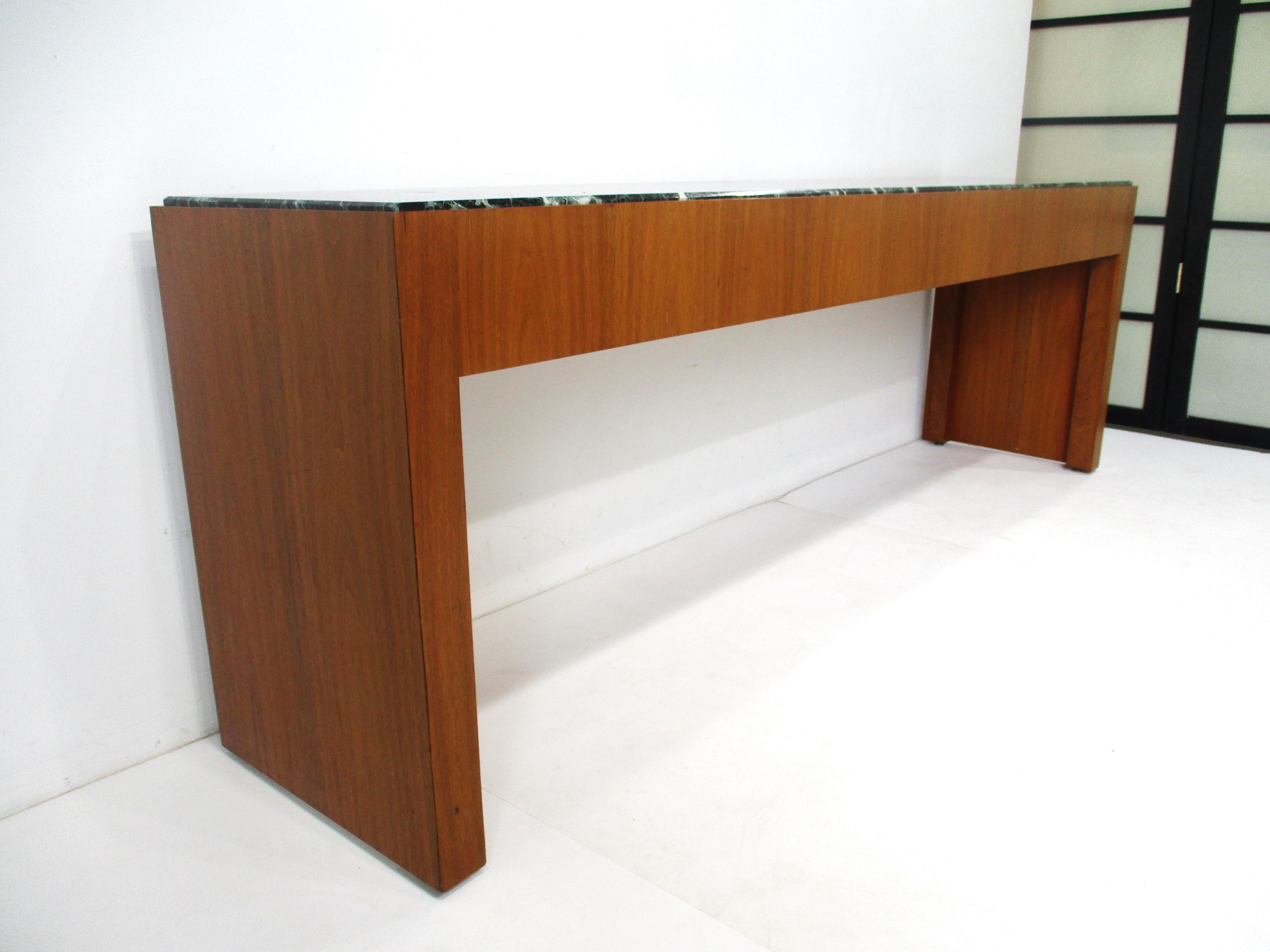 20th Century Mid Century Walnut and Dark Green Marble Console Table 