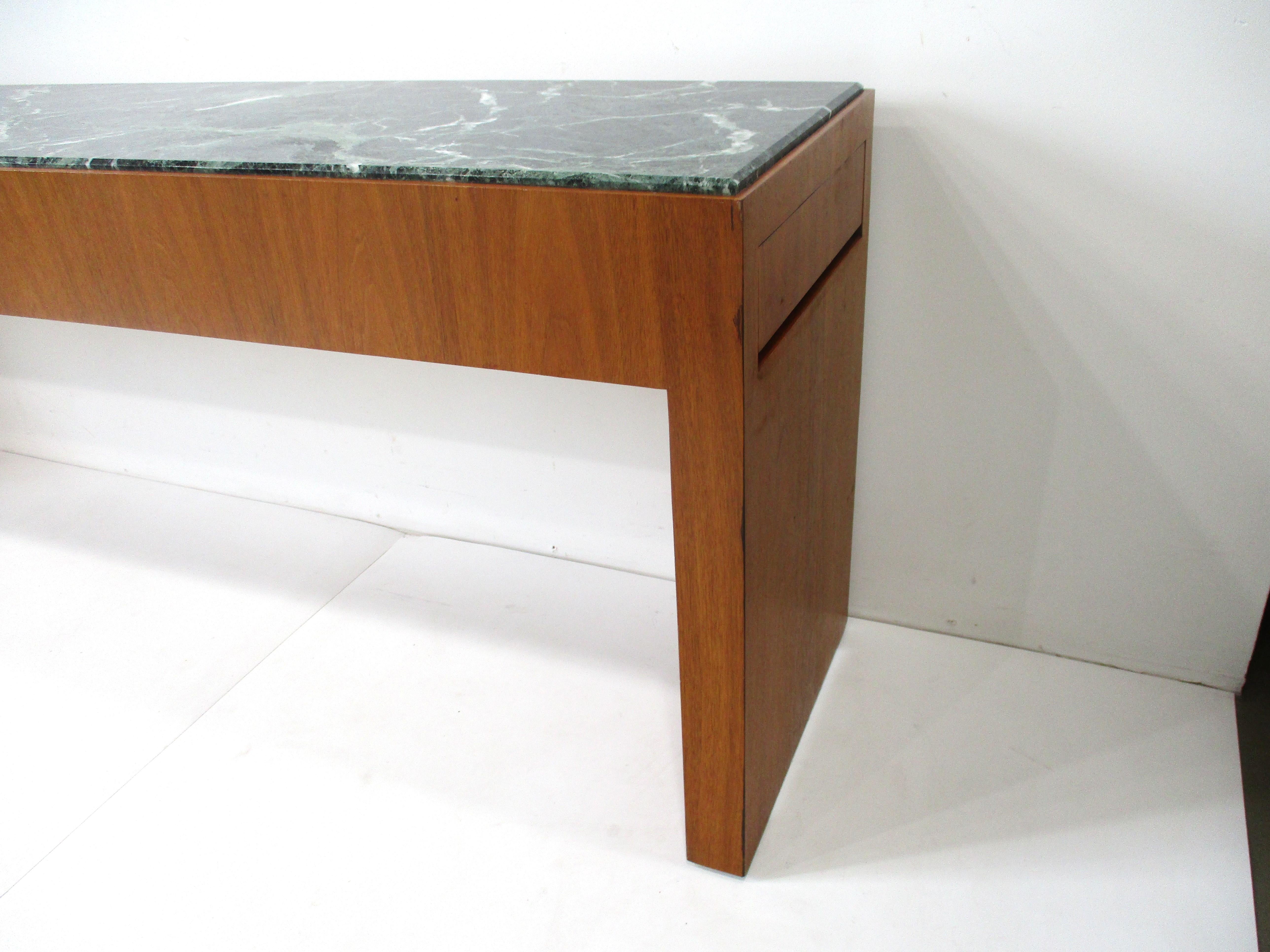 Mid Century Walnut and Dark Green Marble Console Table  1