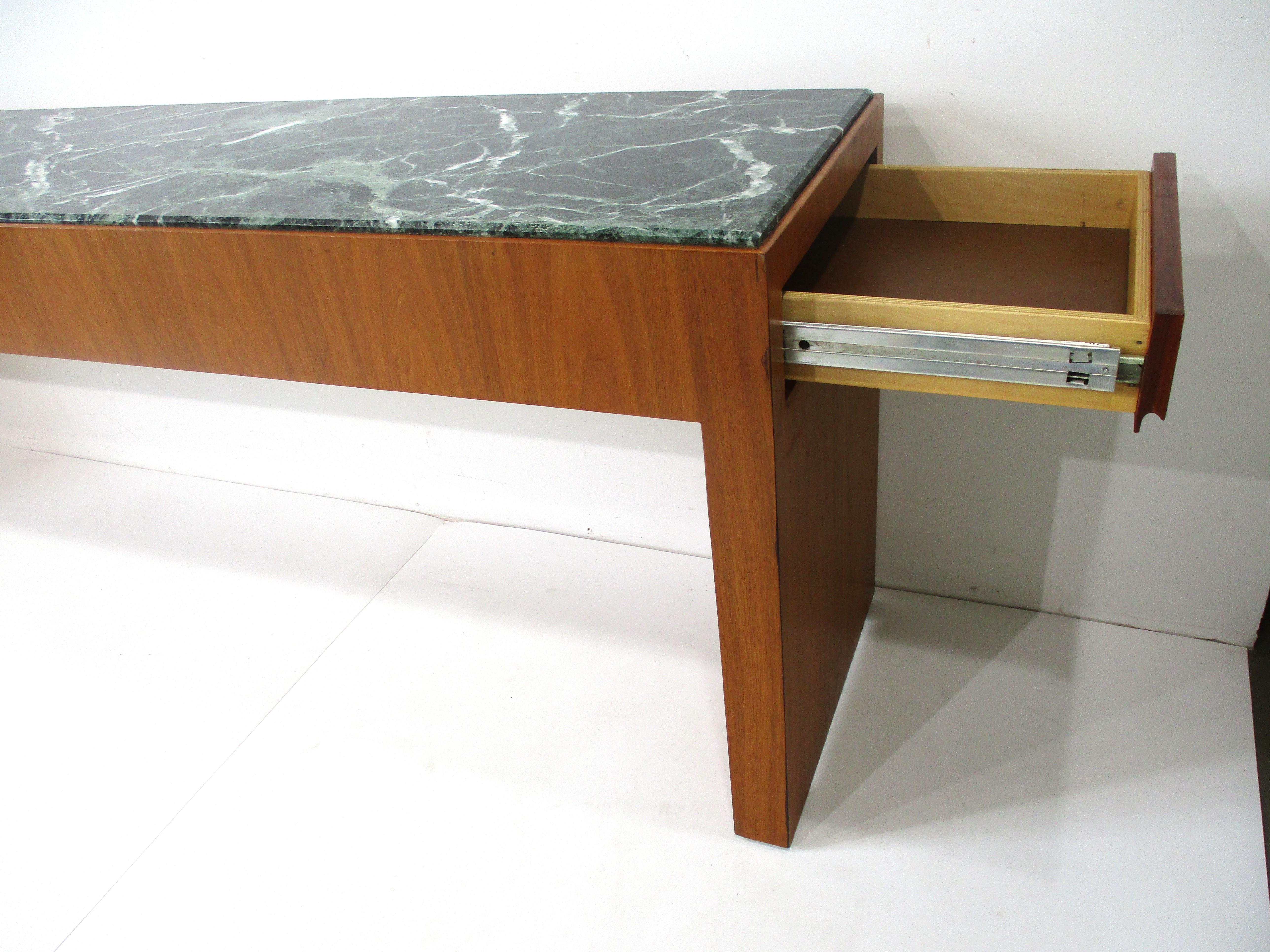 Mid Century Walnut and Dark Green Marble Console Table  2